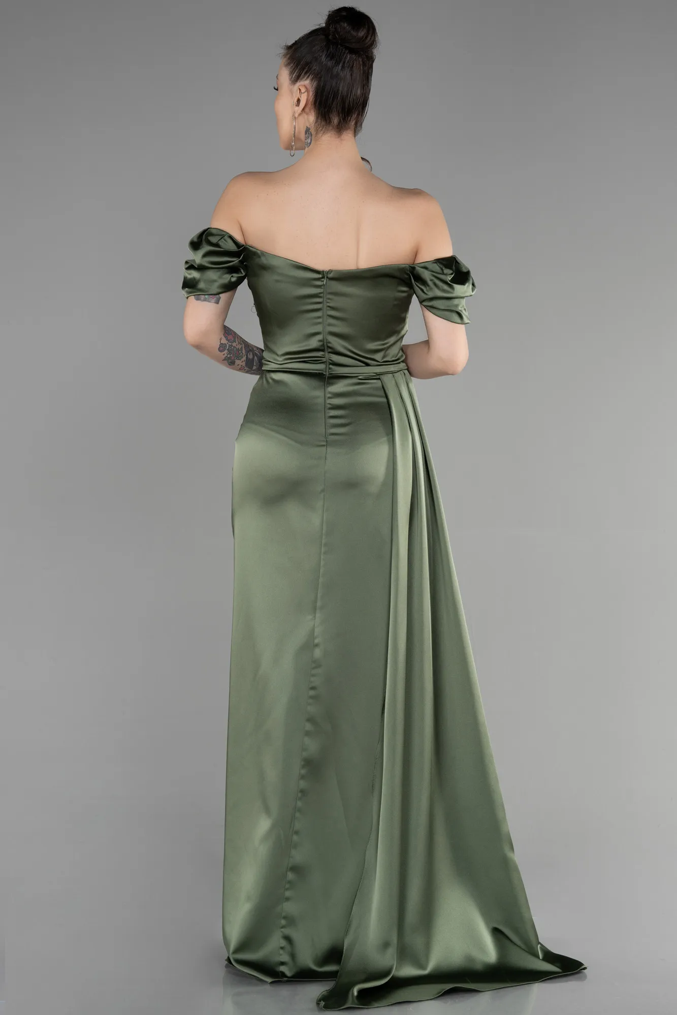 Olive Drab-Long Satin Engagement Dress ABU1606