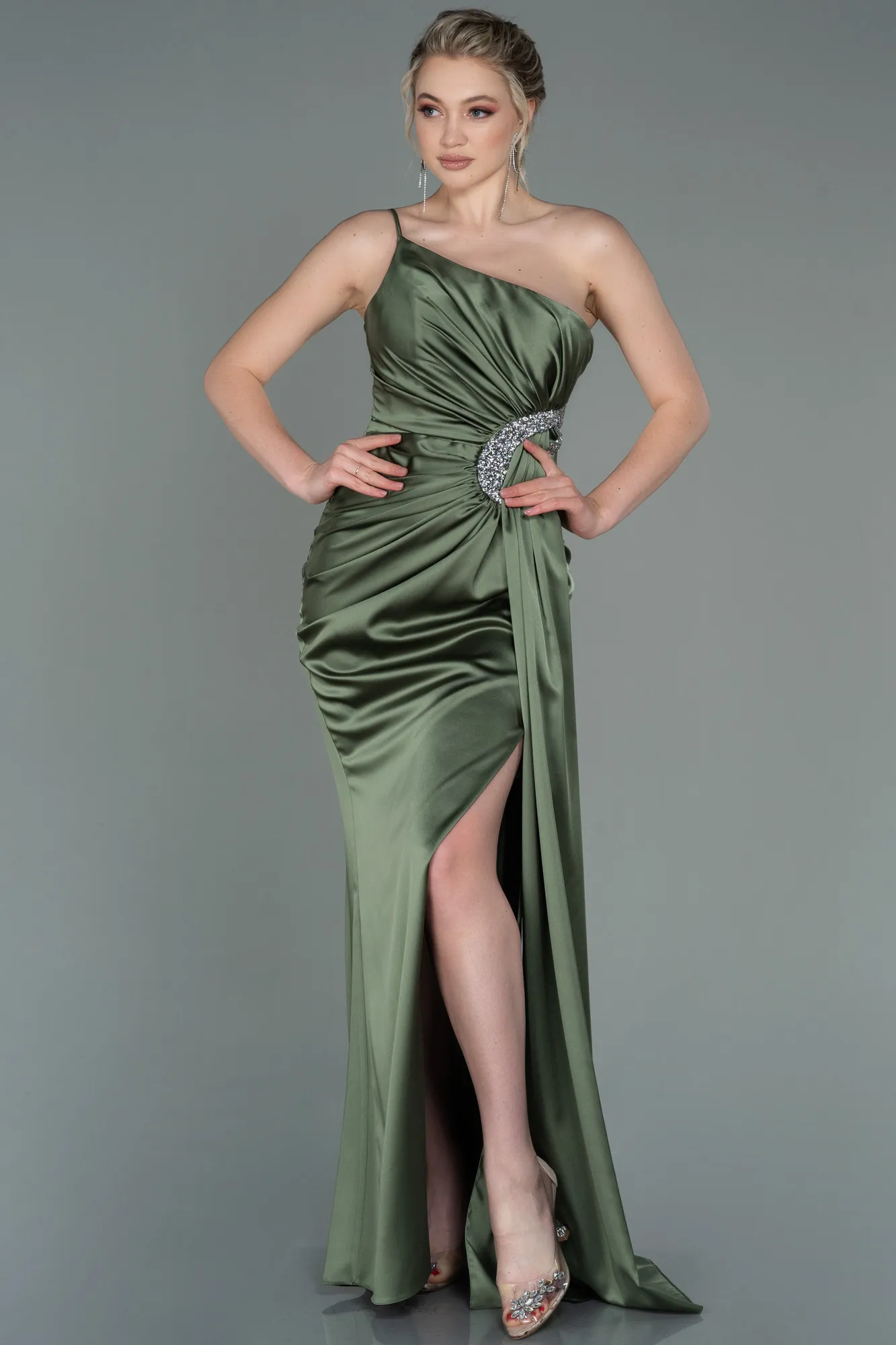 Olive Drab-Long Satin Engagement Dress ABU3088