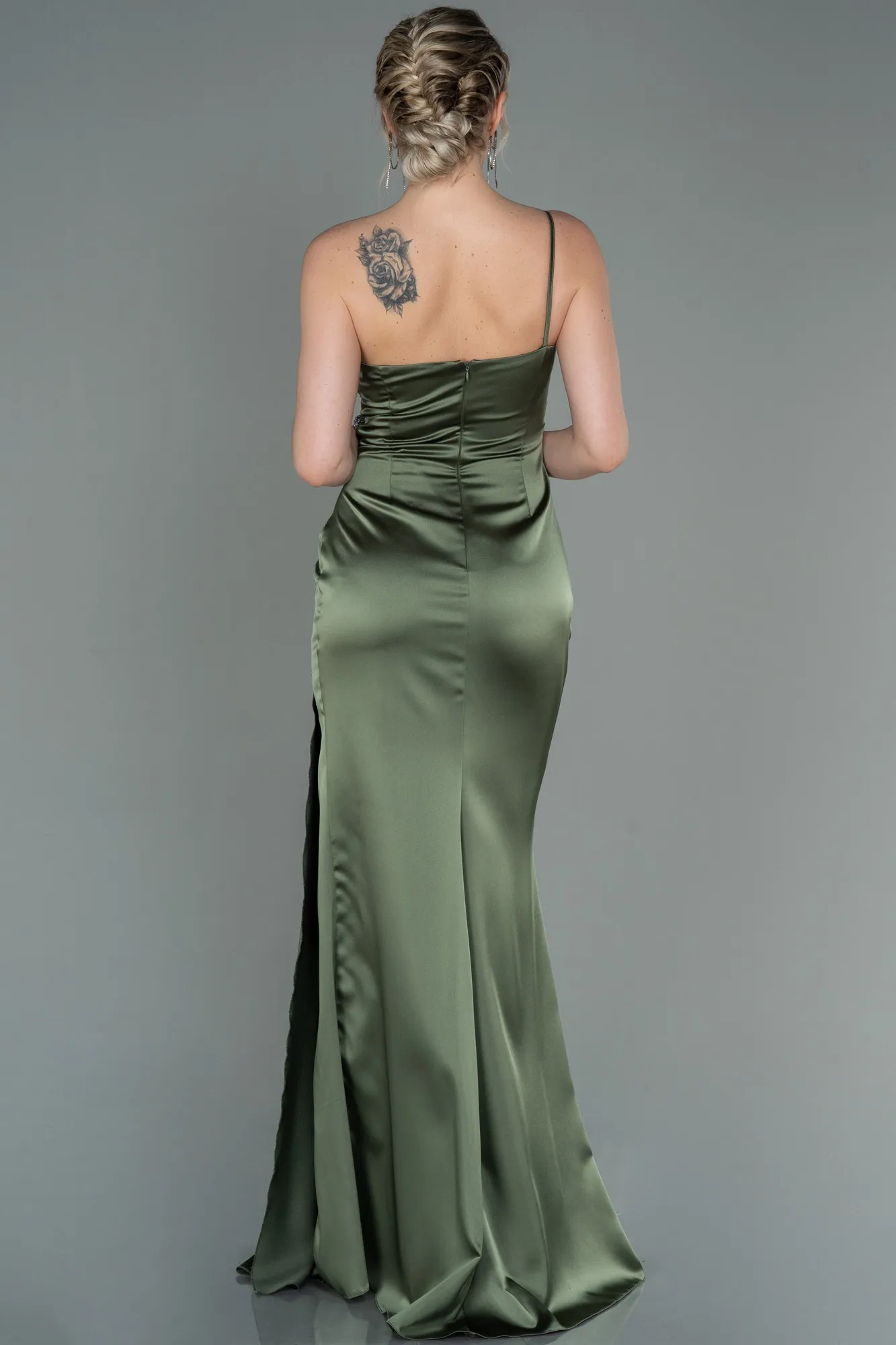 Olive Drab-Long Satin Engagement Dress ABU3088