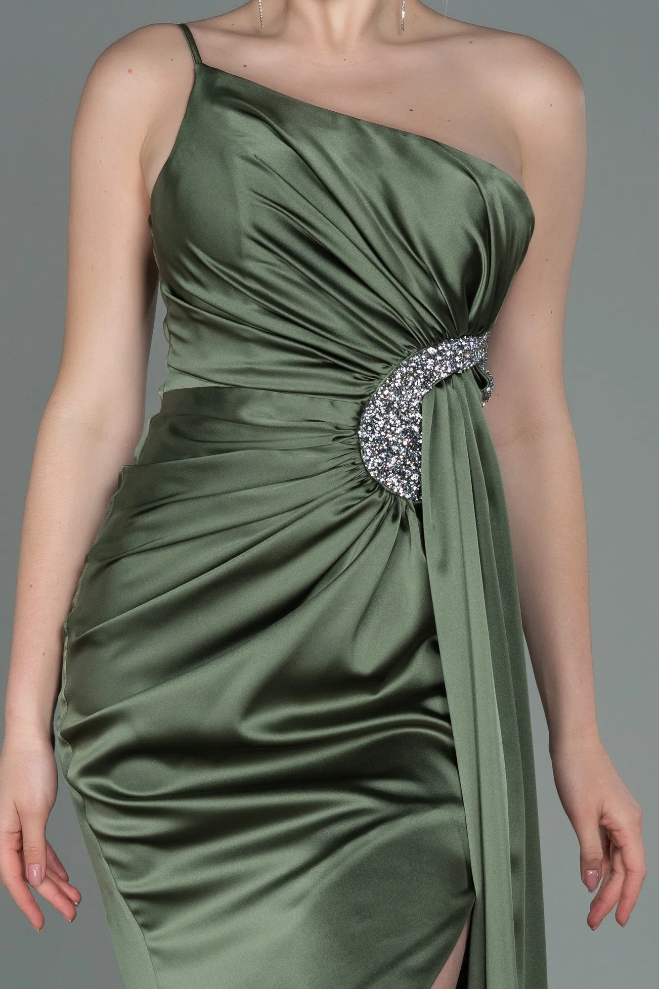 Olive Drab-Long Satin Engagement Dress ABU3088