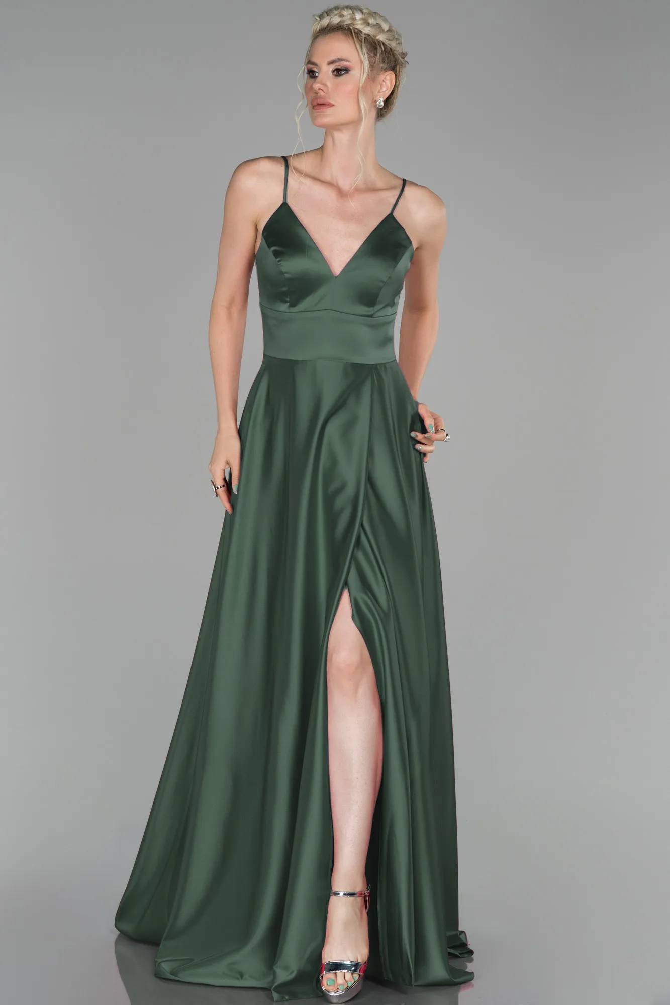 Olive Drab-Long Satin Evening Dress ABU1458