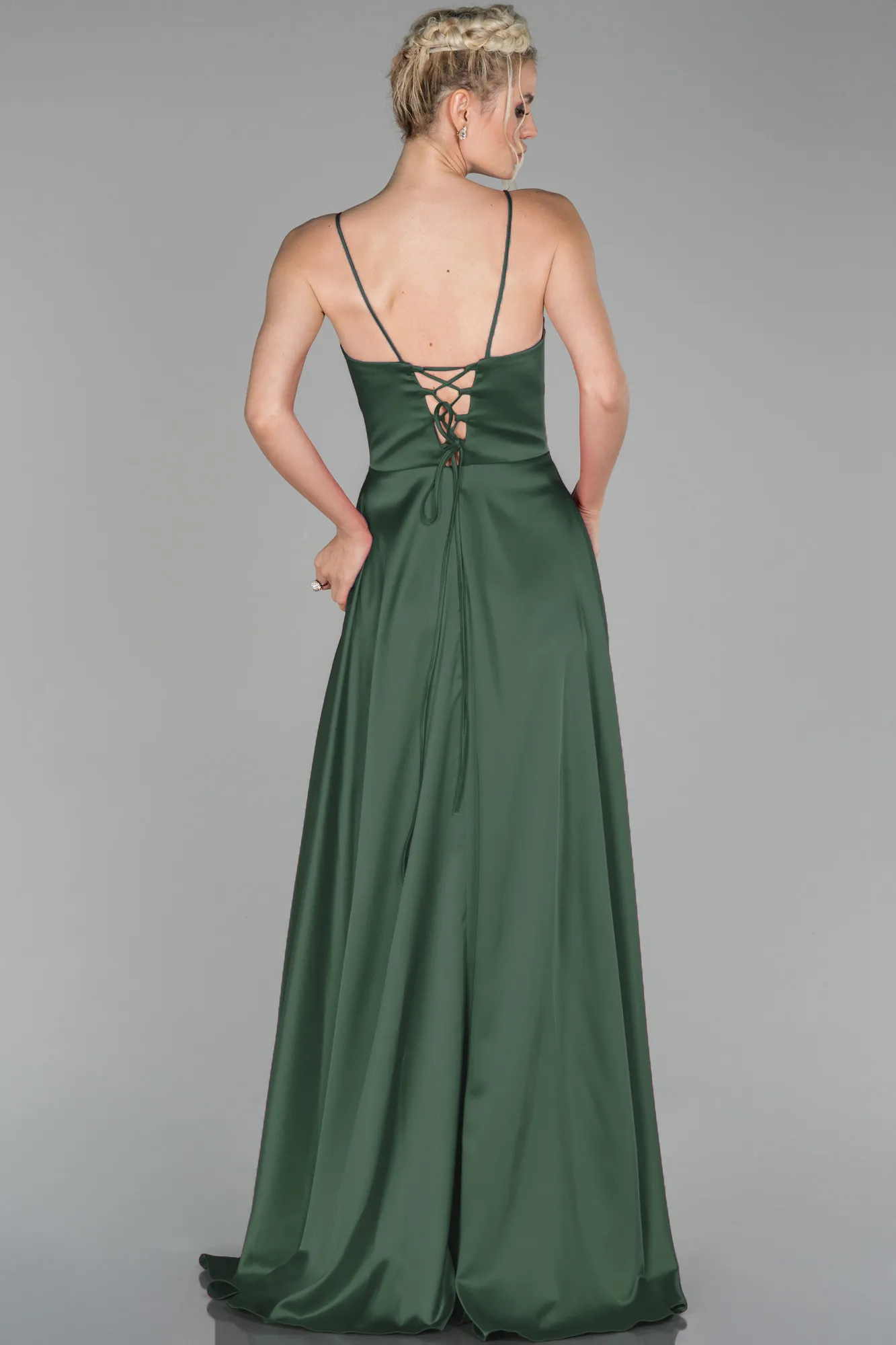 Olive Drab-Long Satin Evening Dress ABU1458