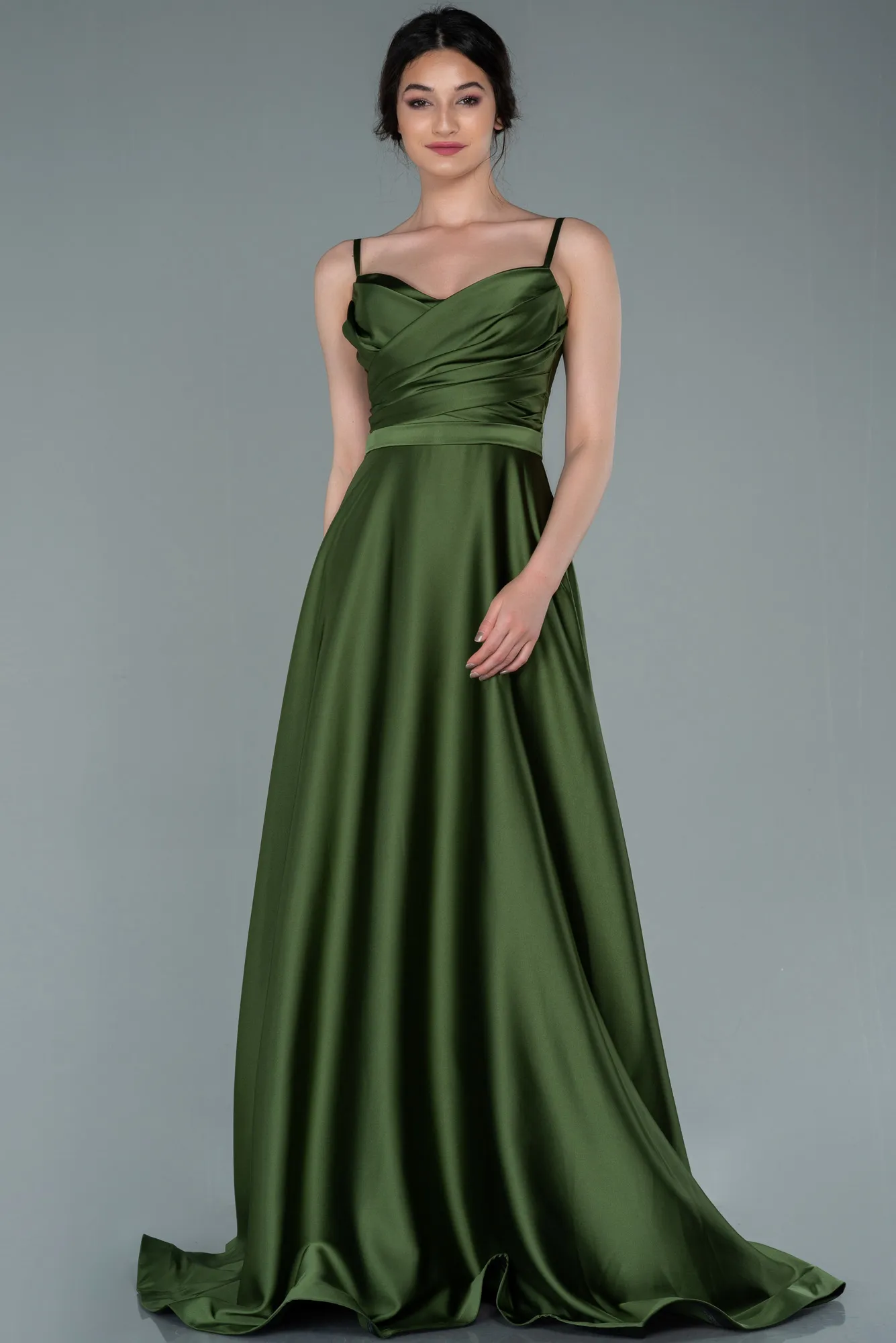 Olive Drab-Long Satin Evening Dress ABU1601