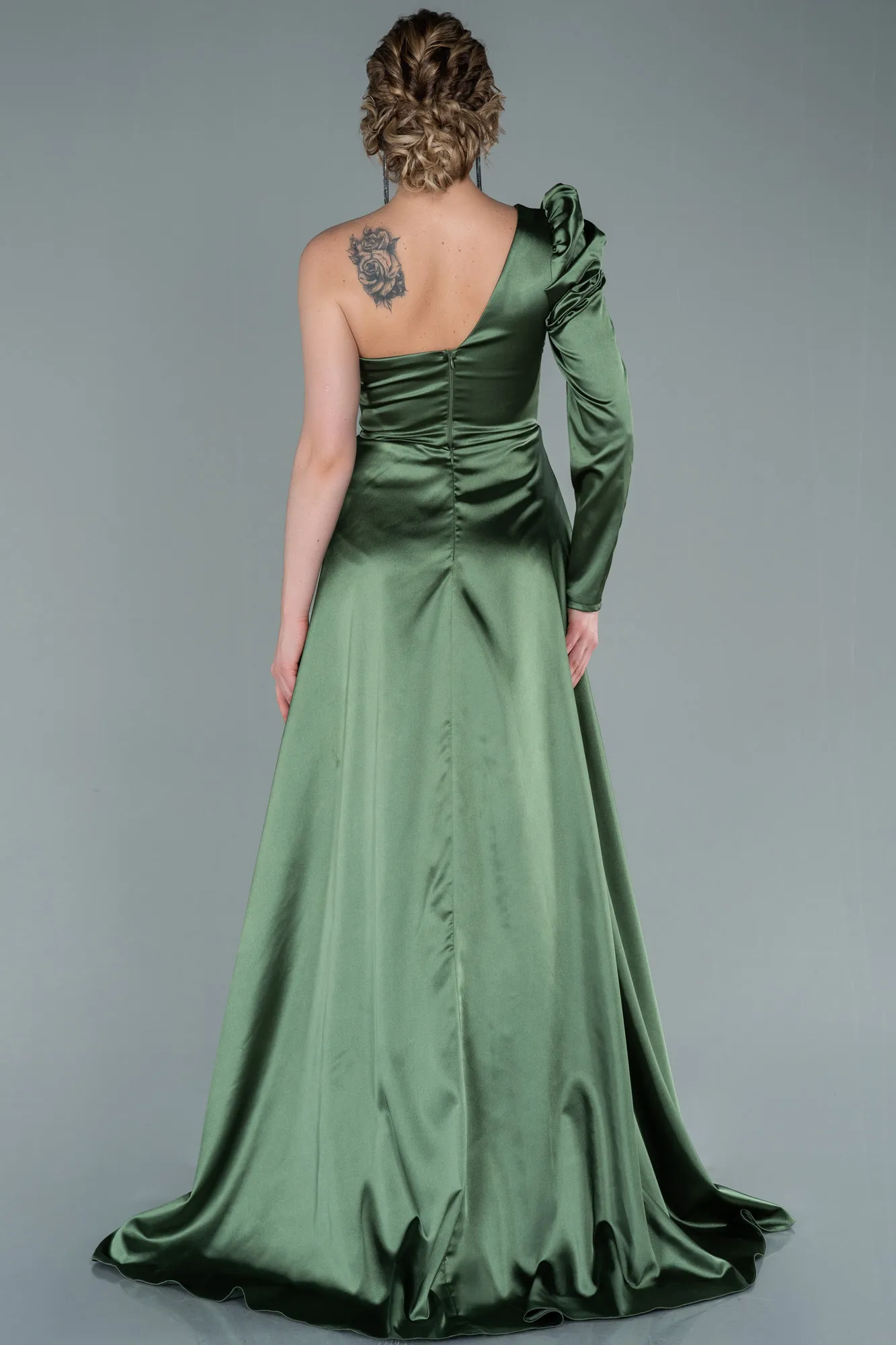 Olive Drab-Long Satin Evening Dress ABU1715