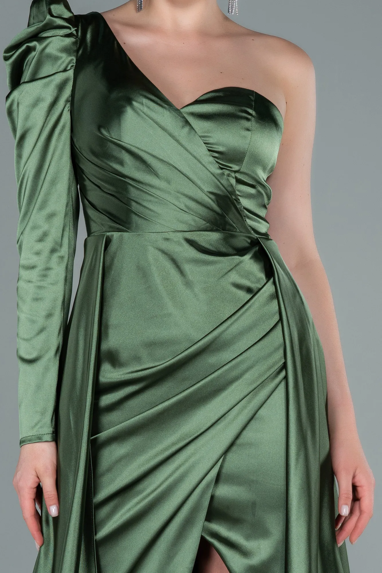Olive Drab-Long Satin Evening Dress ABU1715