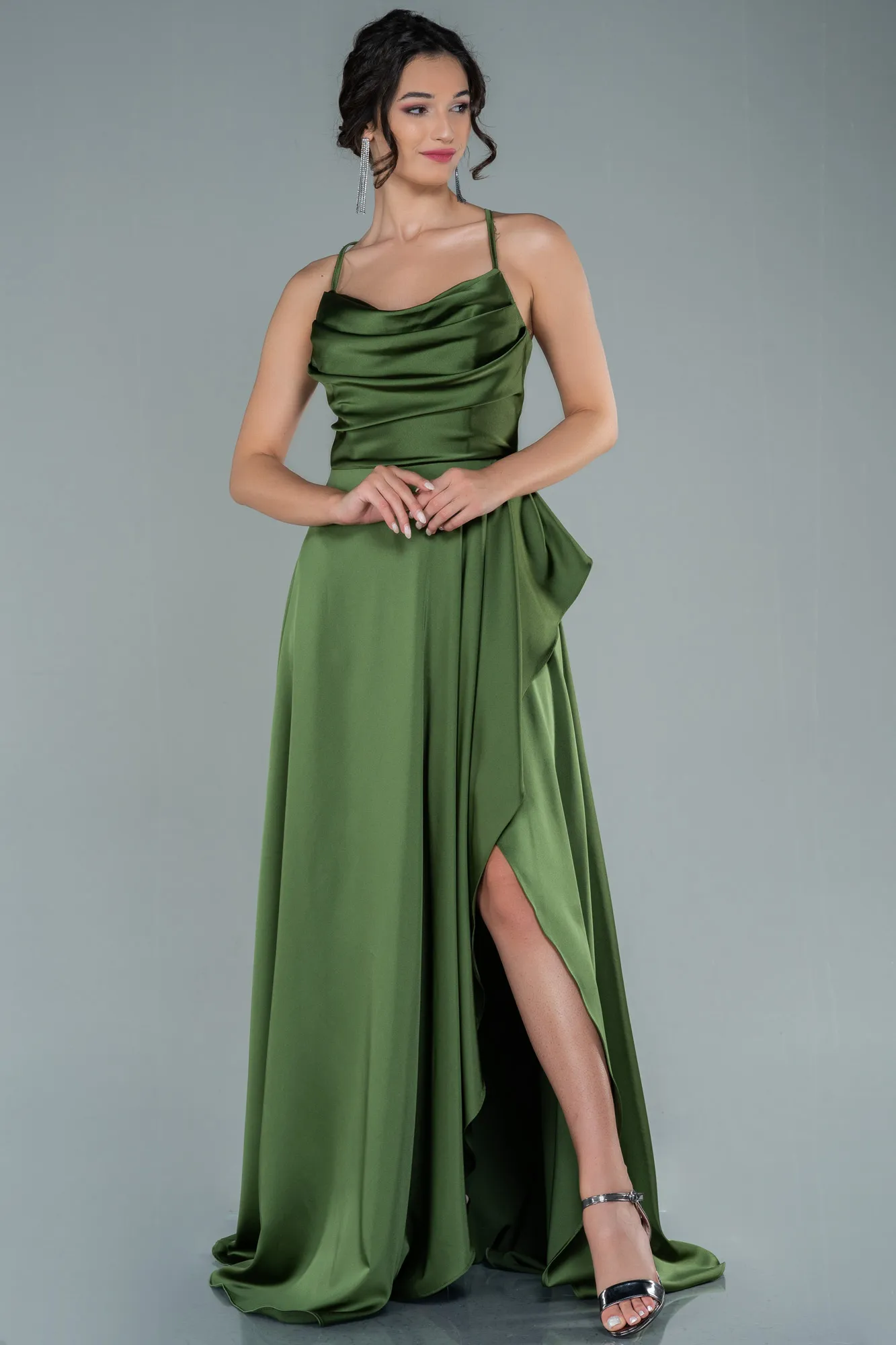 Olive Drab-Long Satin Evening Dress ABU1843