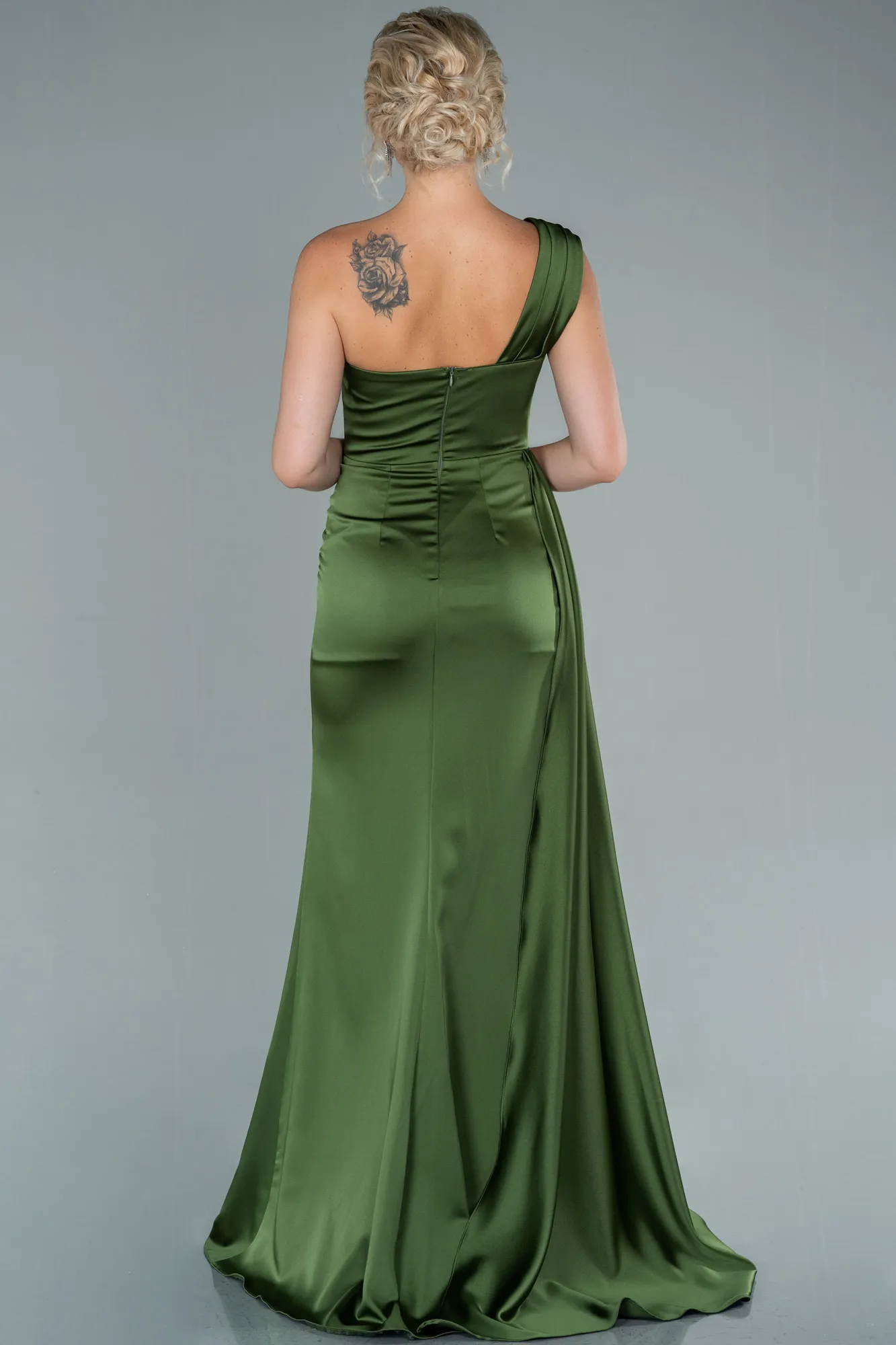 Olive Drab-Long Satin Evening Dress ABU2114