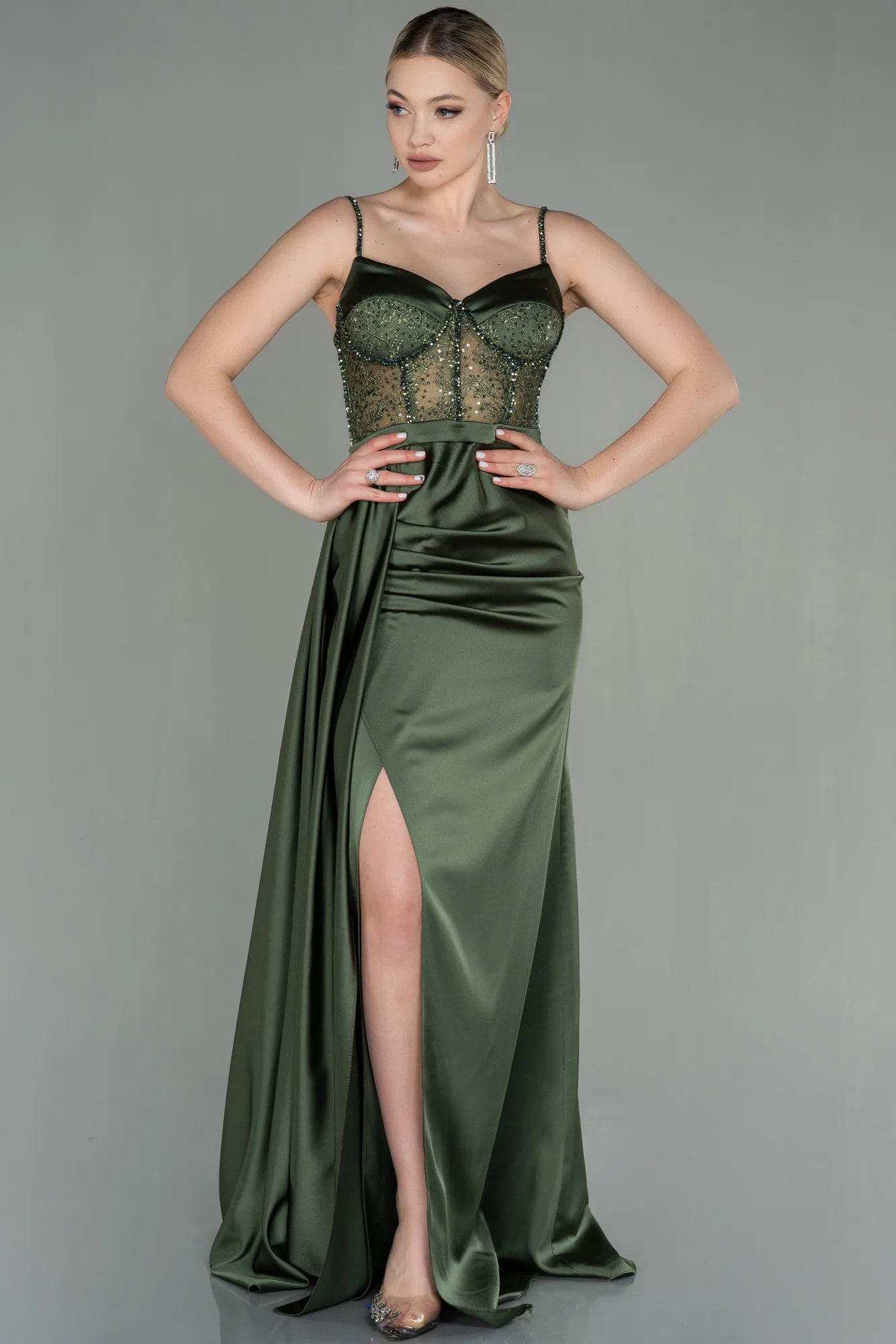 Olive Drab-Long Satin Evening Dress ABU2130