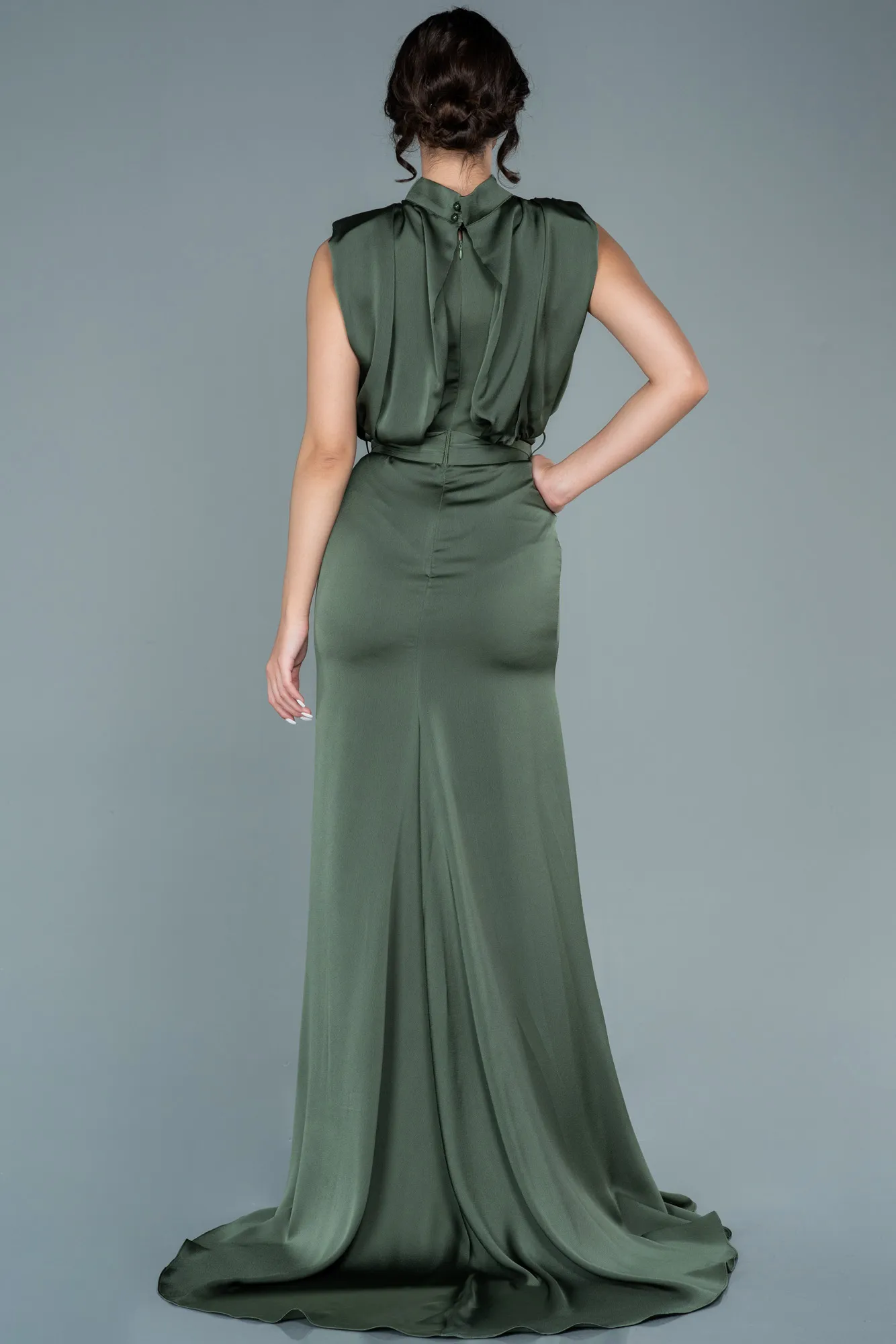 Olive Drab-Long Satin Evening Dress ABU2133