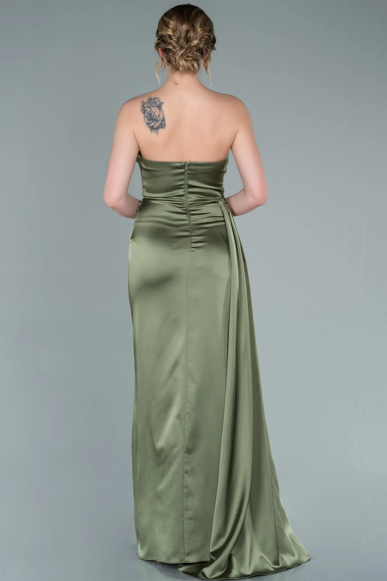 Olive Drab-Long Satin Evening Dress ABU2323