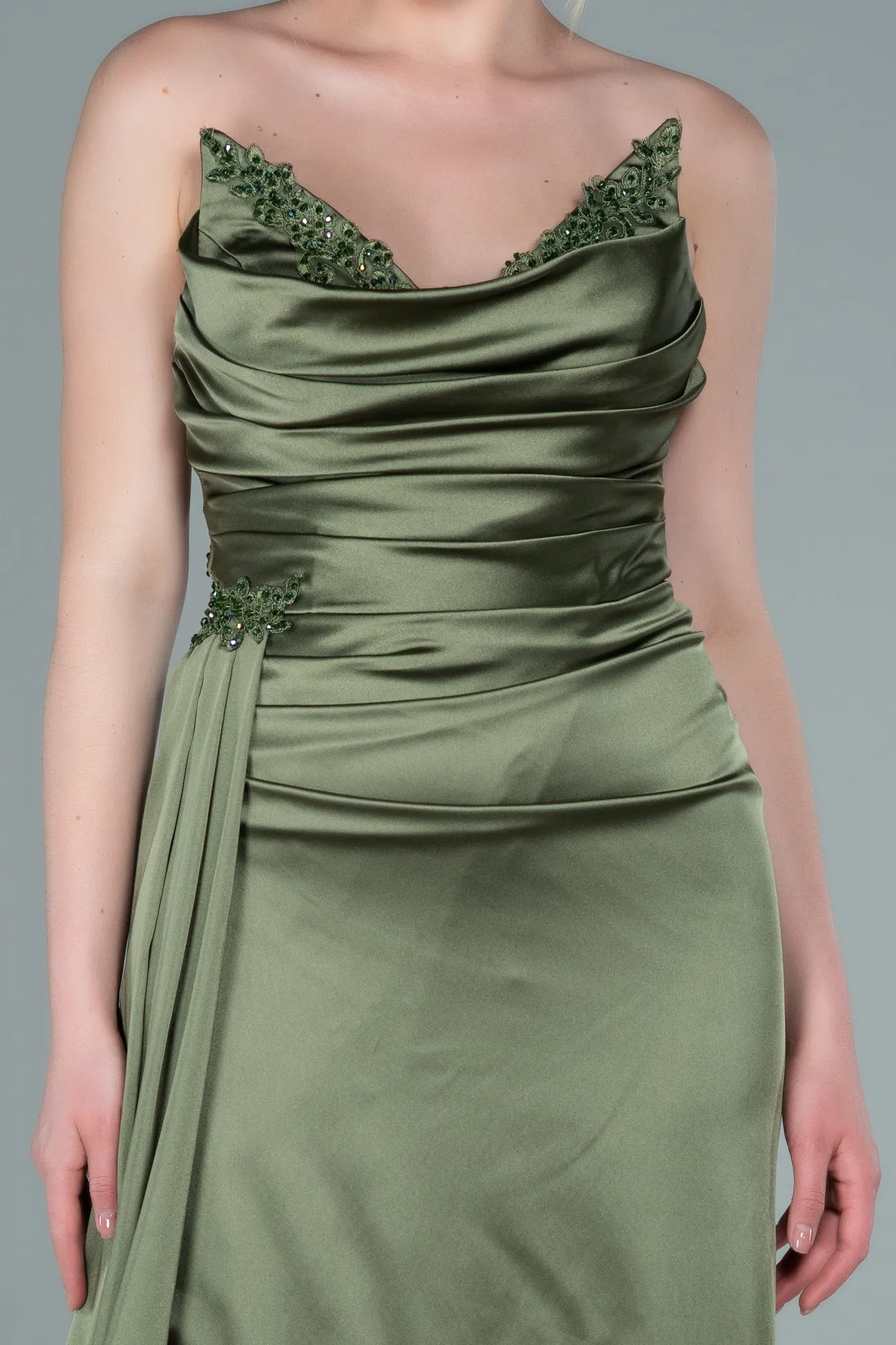 Olive Drab-Long Satin Evening Dress ABU2323