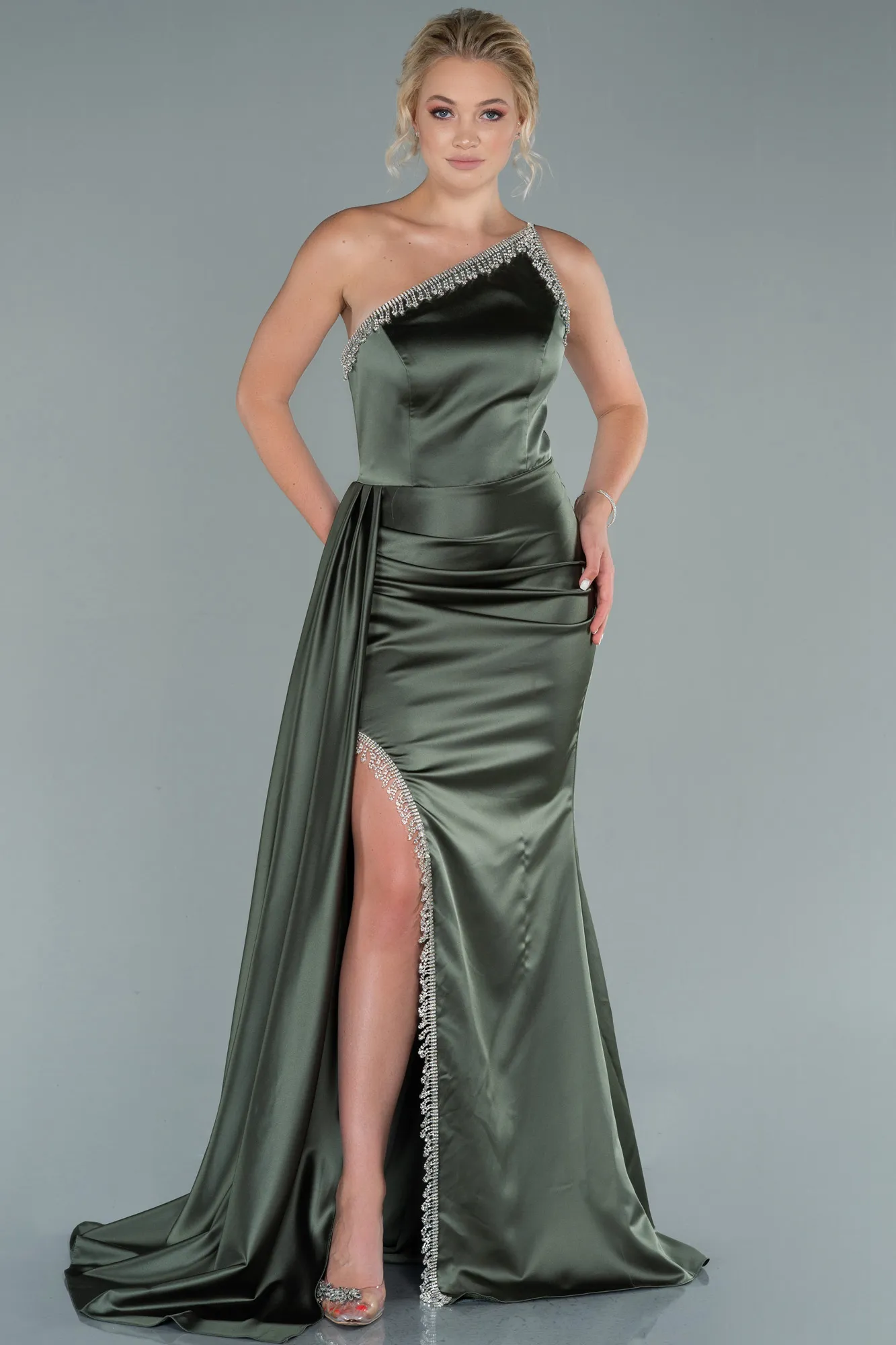 Olive Drab-Long Satin Evening Dress ABU2386
