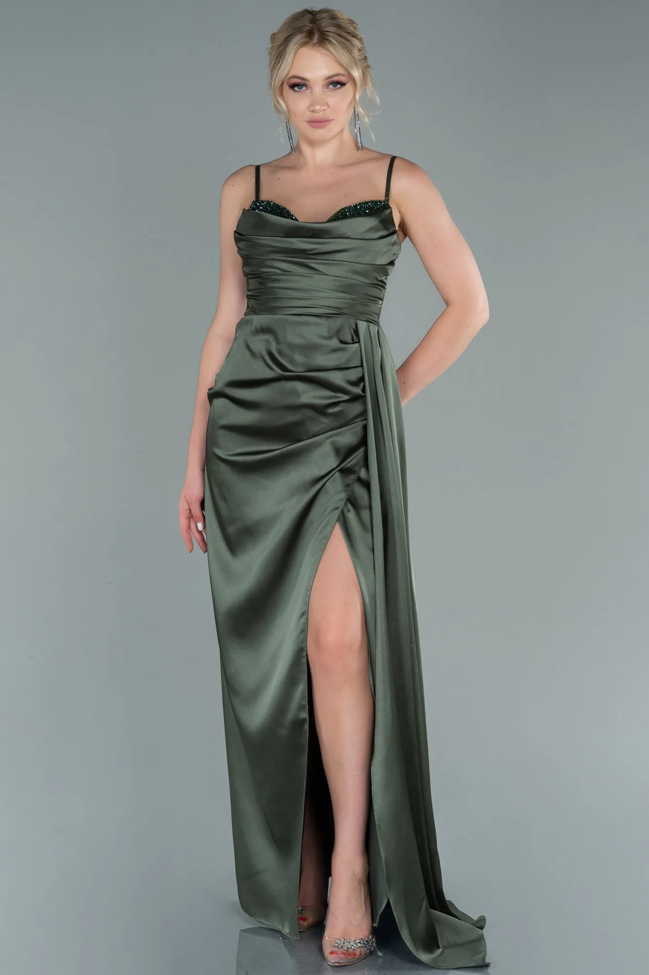 Olive Drab-Long Satin Evening Dress ABU2477