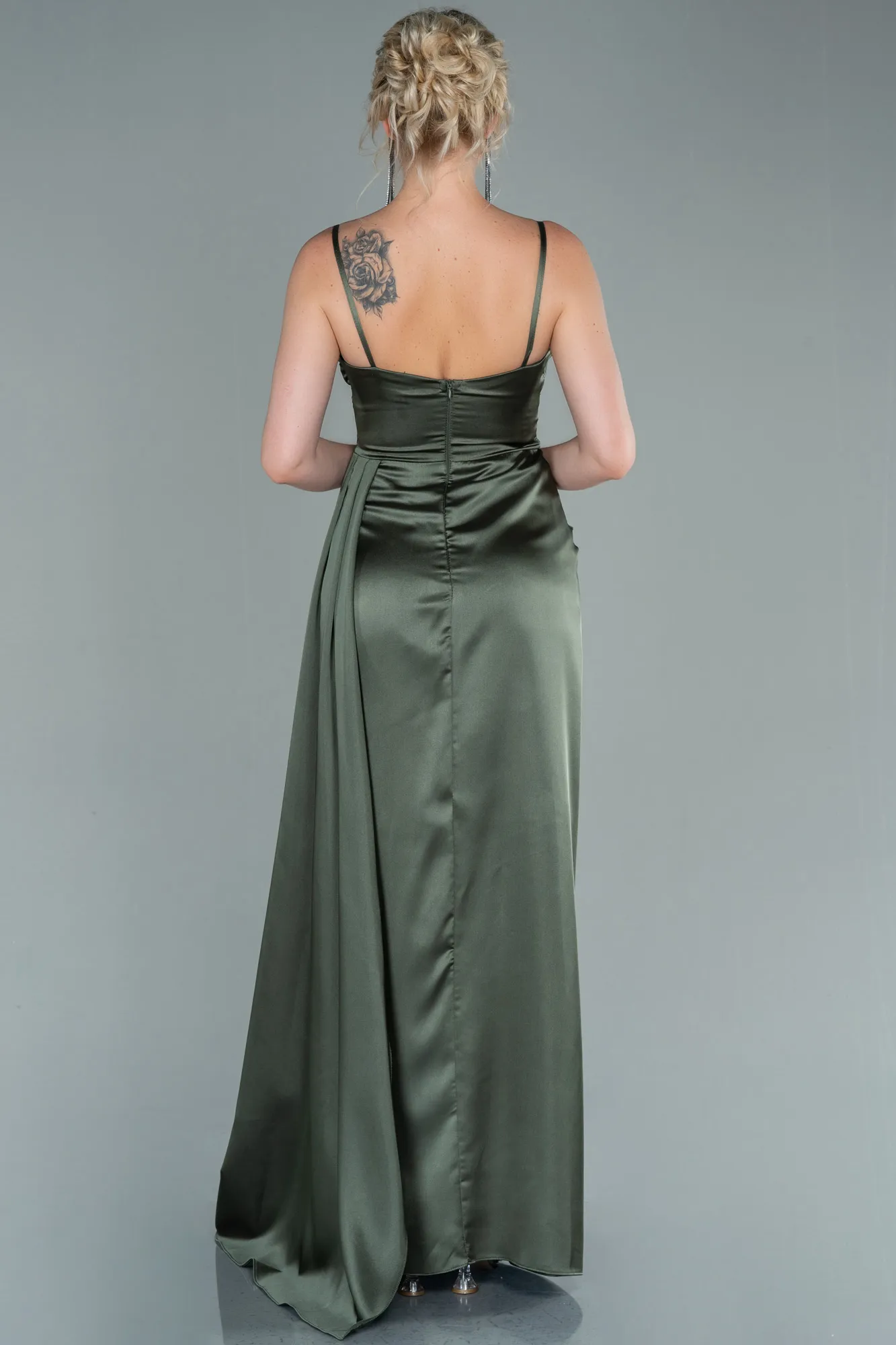 Olive Drab-Long Satin Evening Dress ABU2477