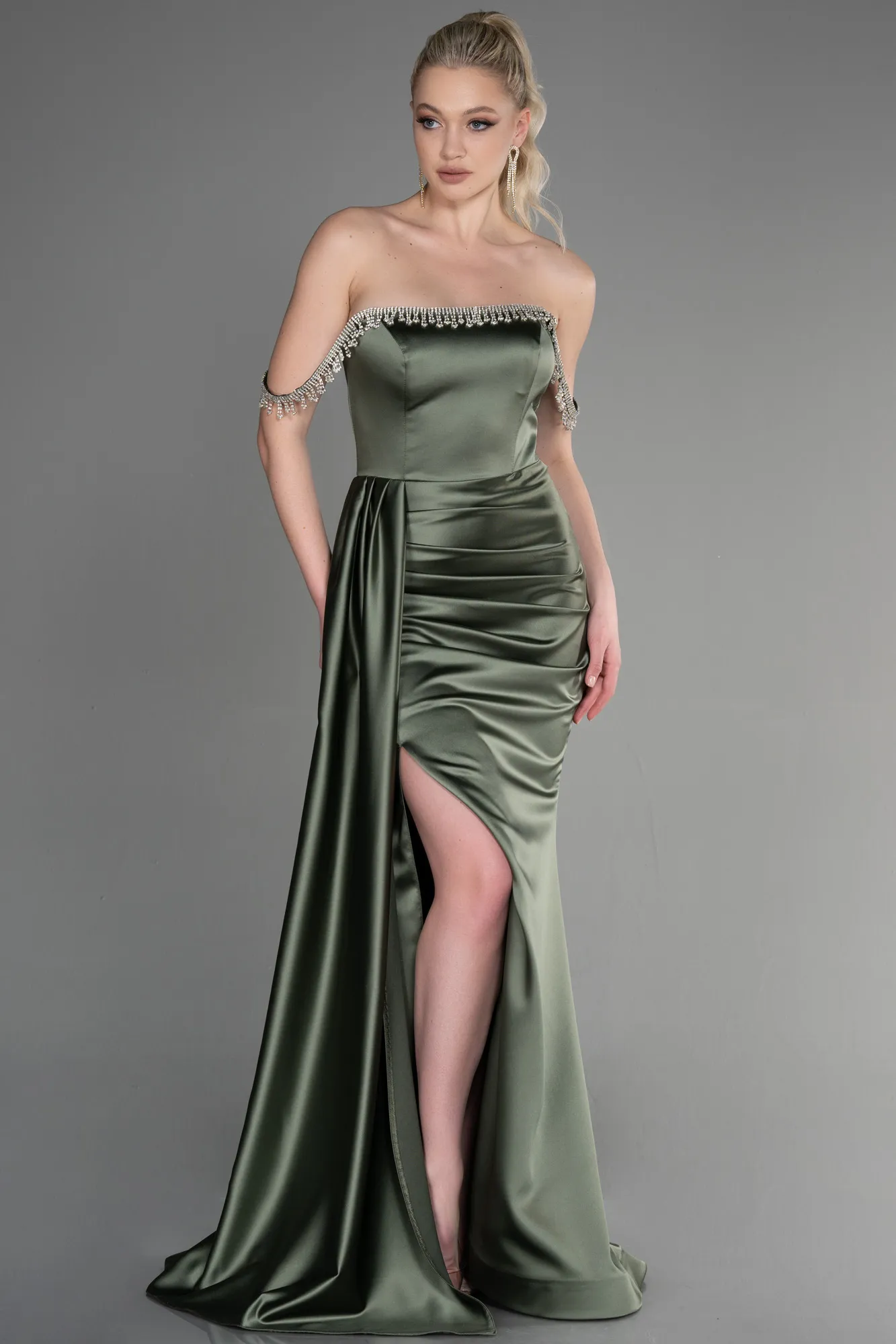 Olive Drab-Long Satin Evening Dress ABU2618