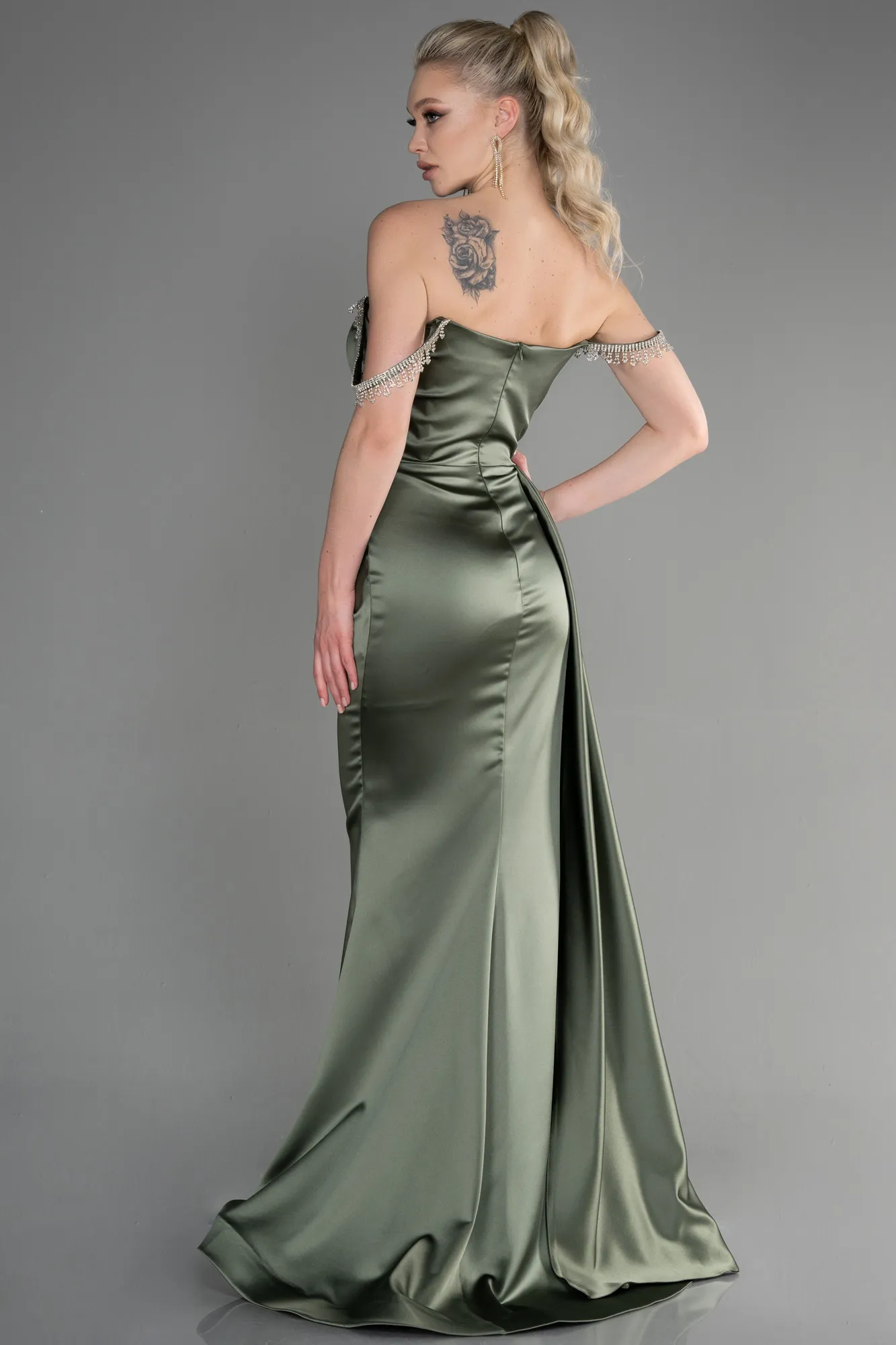 Olive Drab-Long Satin Evening Dress ABU2618