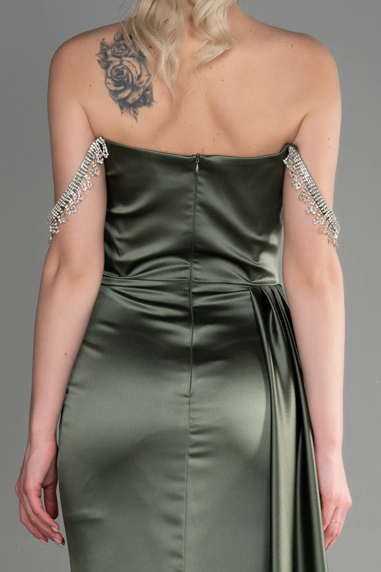 Olive Drab-Long Satin Evening Dress ABU2618