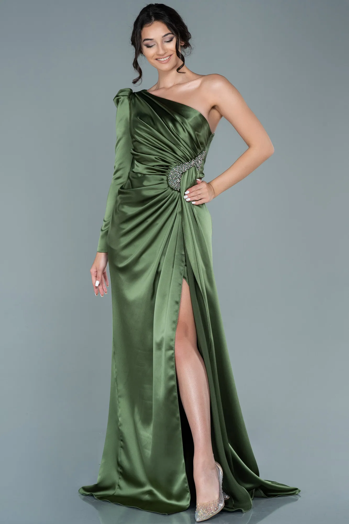 Olive Drab-Long Satin Evening Dress ABU2676