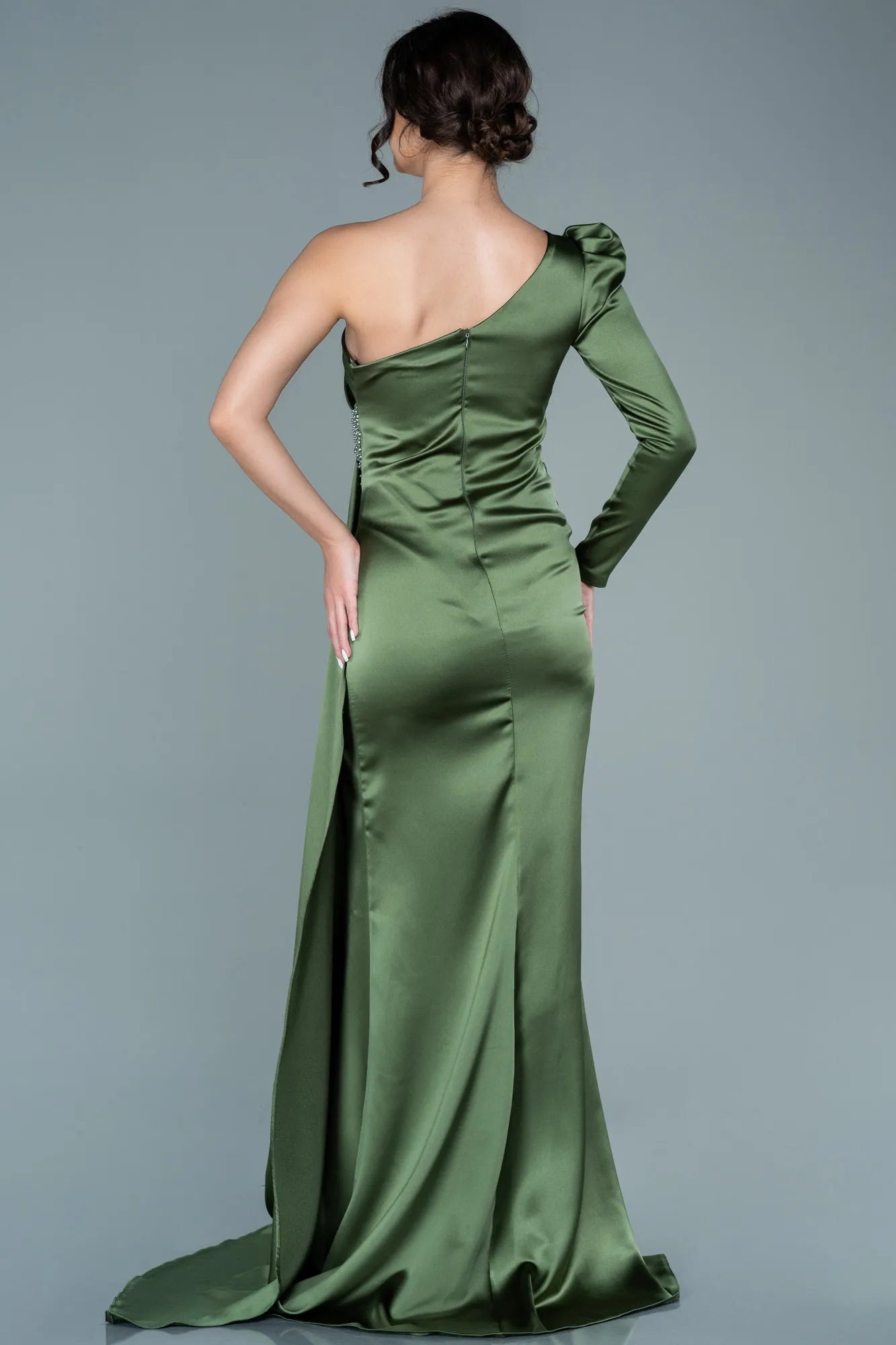 Olive Drab-Long Satin Evening Dress ABU2676