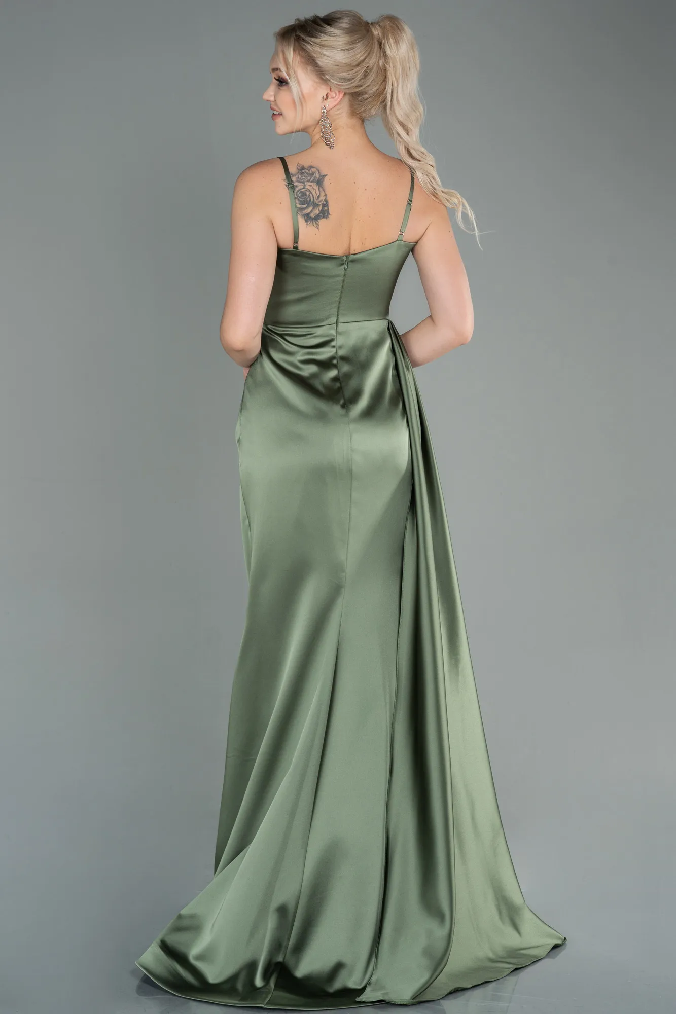 Olive Drab-Long Satin Evening Dress ABU2768