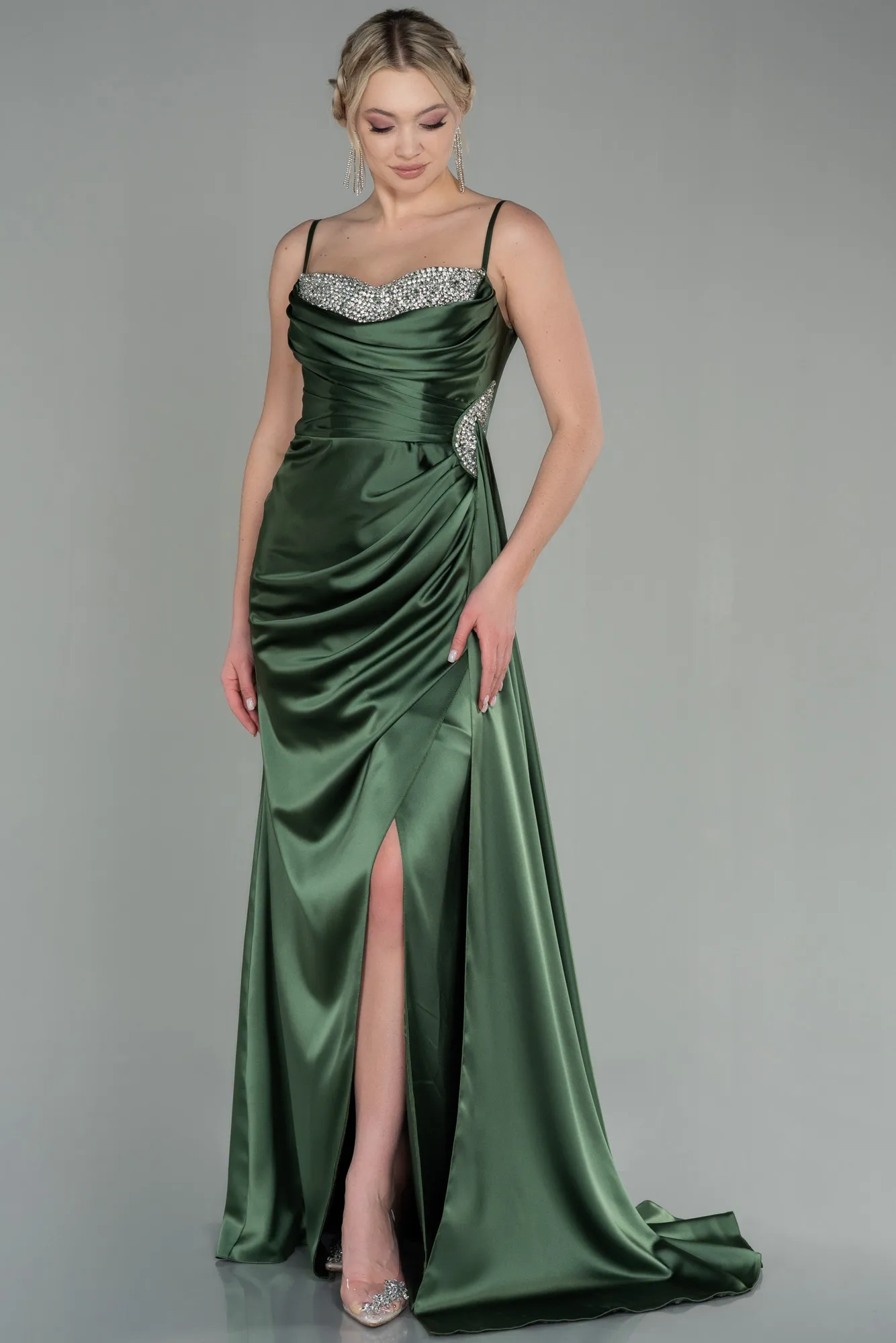 Olive Drab-Long Satin Evening Dress ABU2792