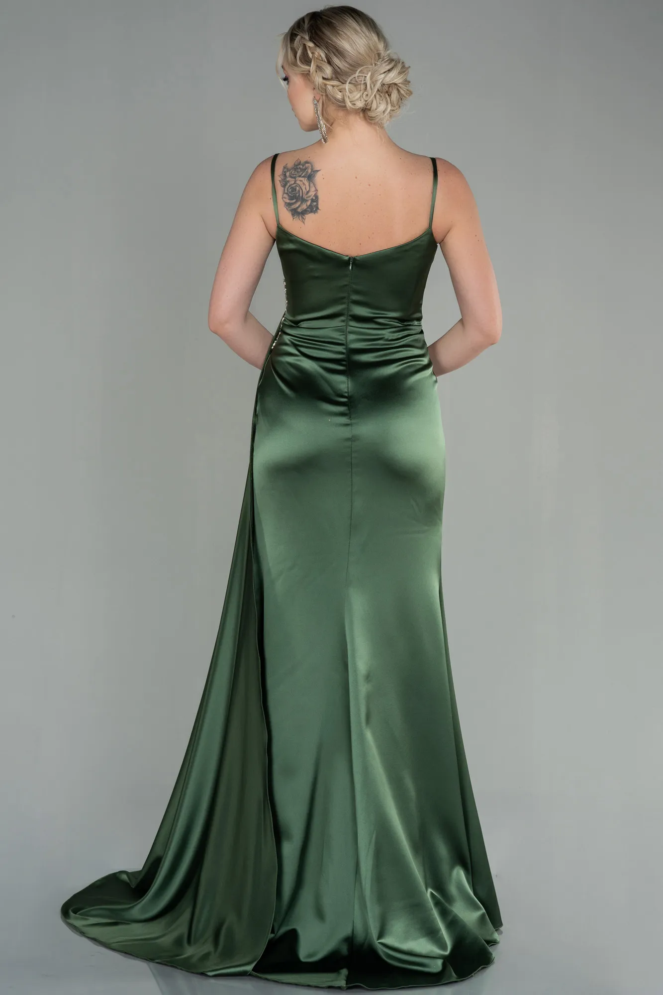 Olive Drab-Long Satin Evening Dress ABU2792