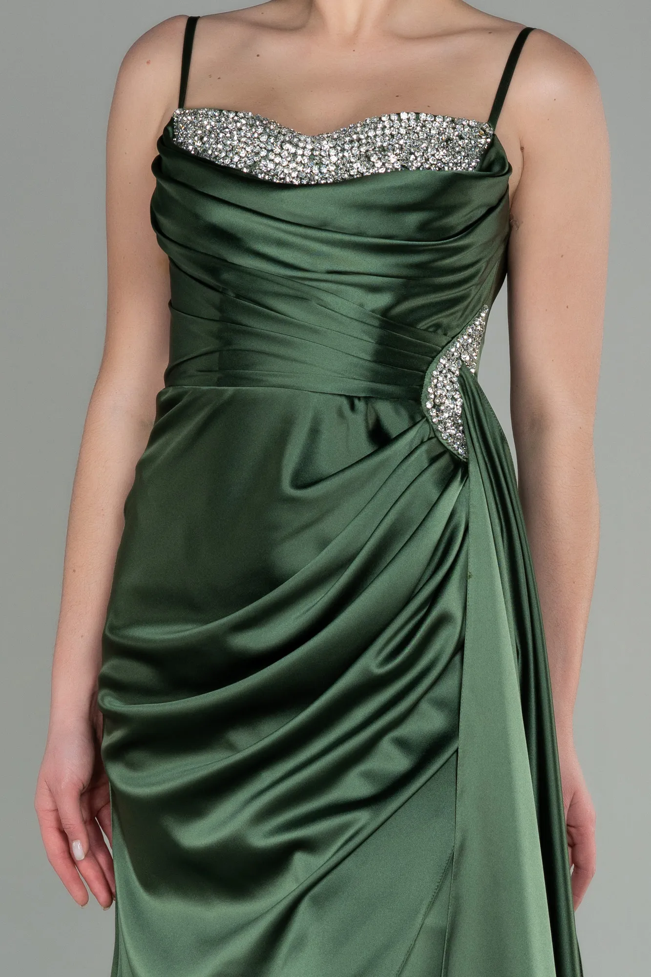 Olive Drab-Long Satin Evening Dress ABU2792