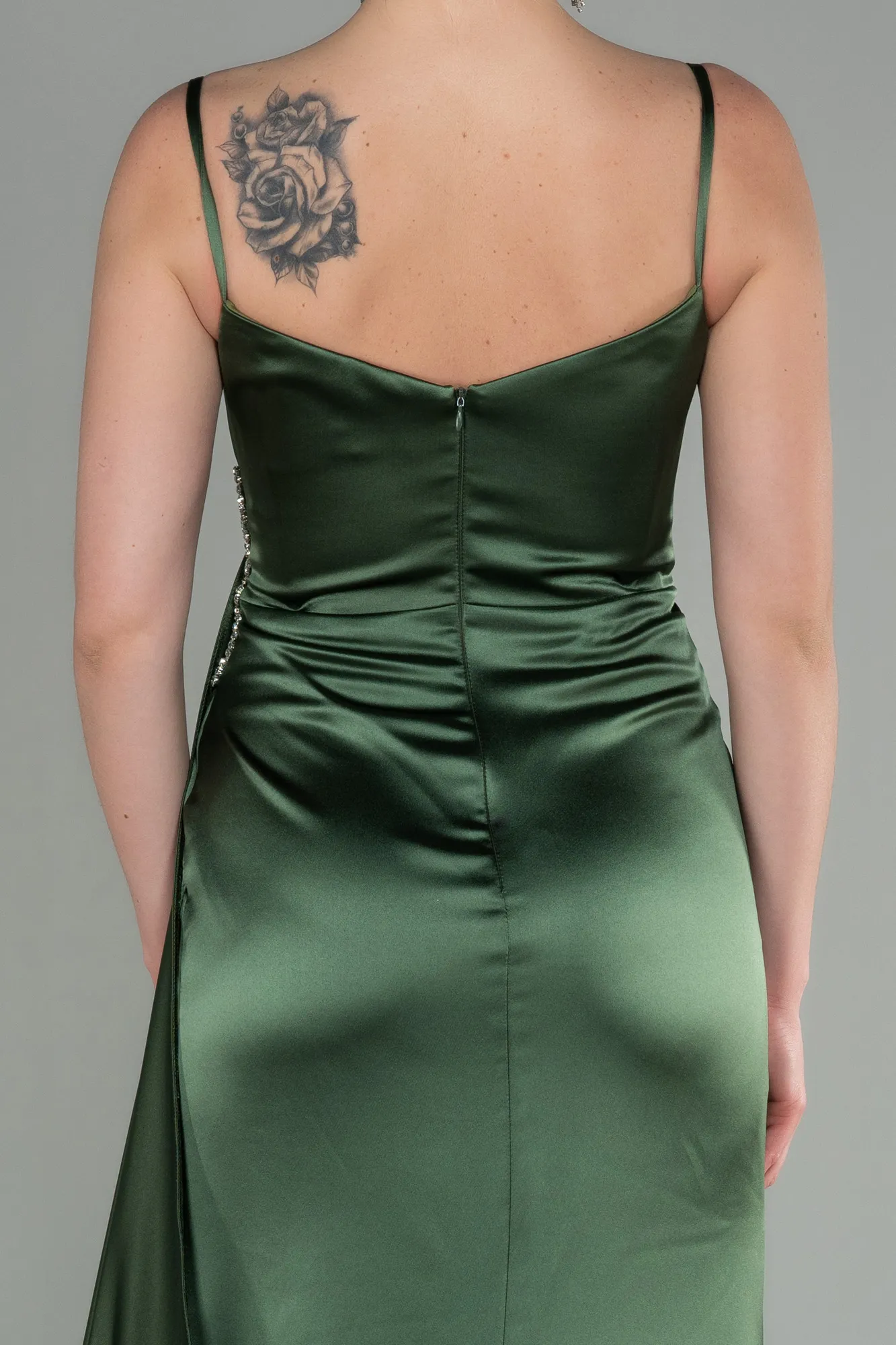 Olive Drab-Long Satin Evening Dress ABU2792