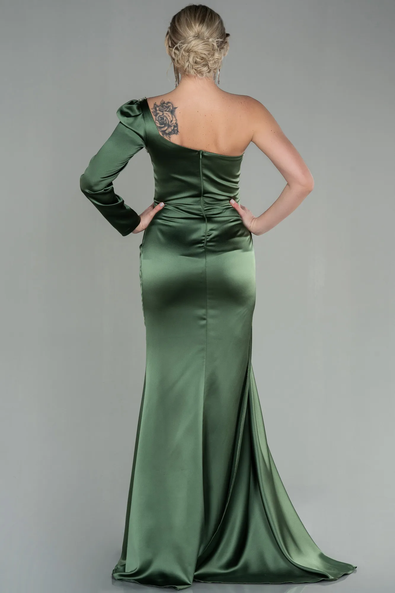 Olive Drab-Long Satin Evening Dress ABU2831