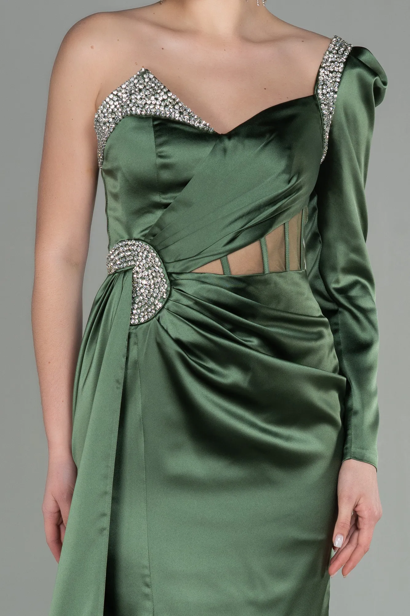 Olive Drab-Long Satin Evening Dress ABU2831