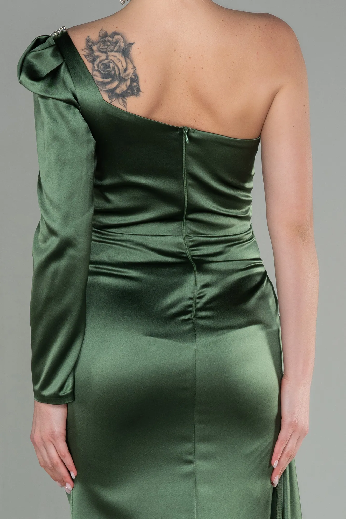 Olive Drab-Long Satin Evening Dress ABU2831