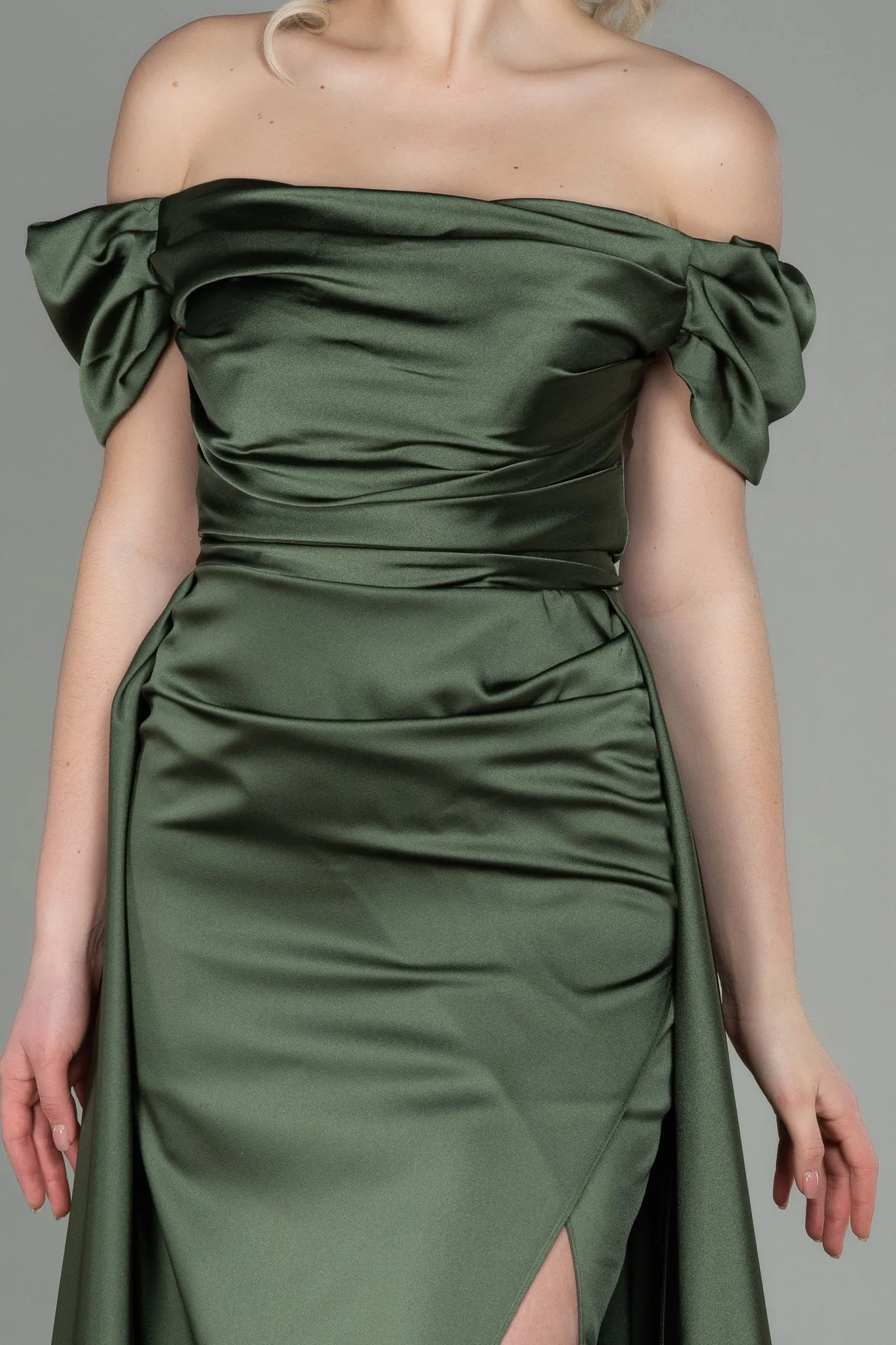 Olive Drab-Long Satin Evening Dress ABU2903