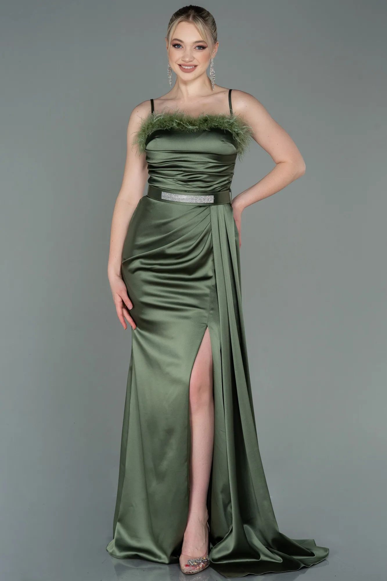 Olive Drab-Long Satin Evening Dress ABU2939