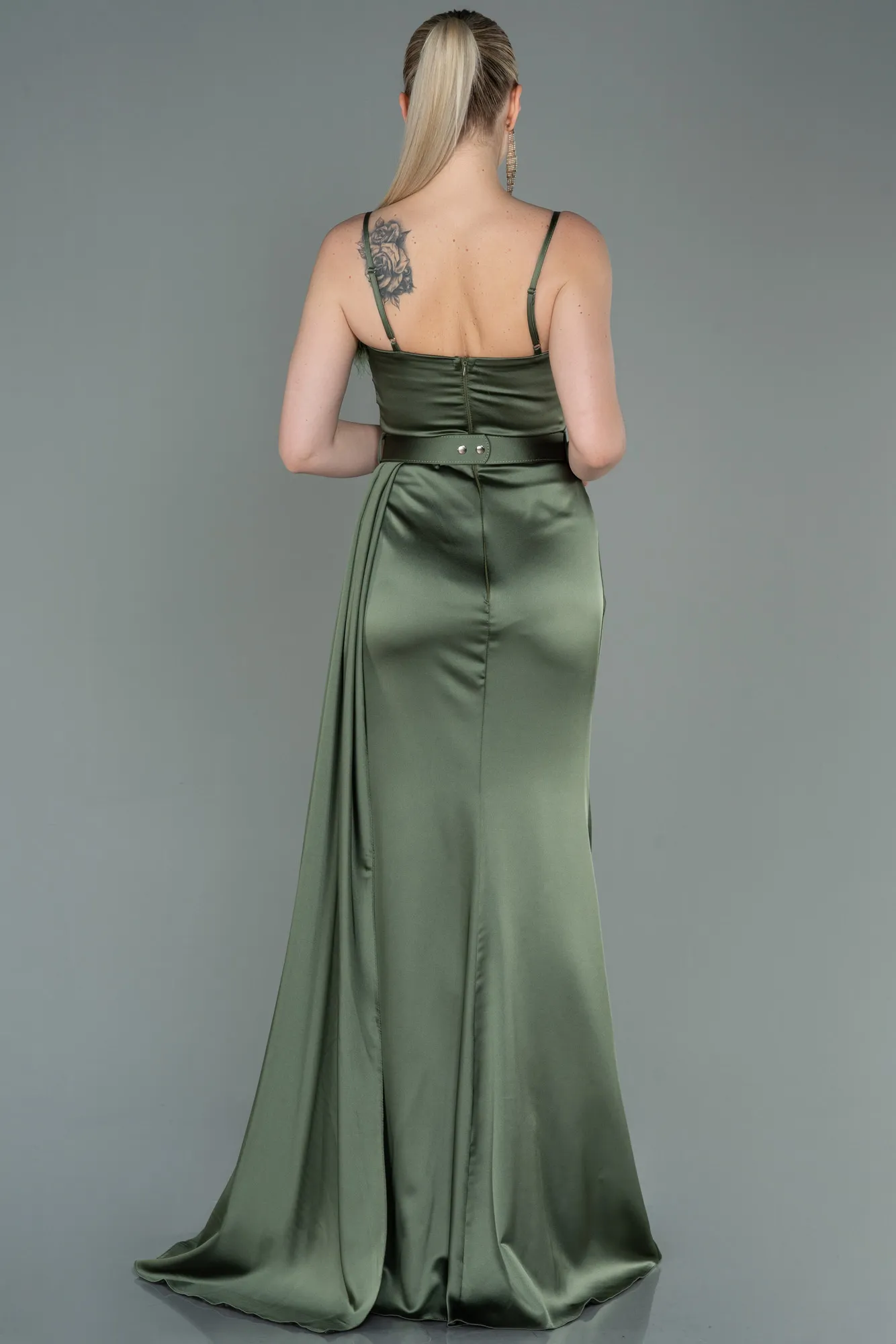 Olive Drab-Long Satin Evening Dress ABU2939