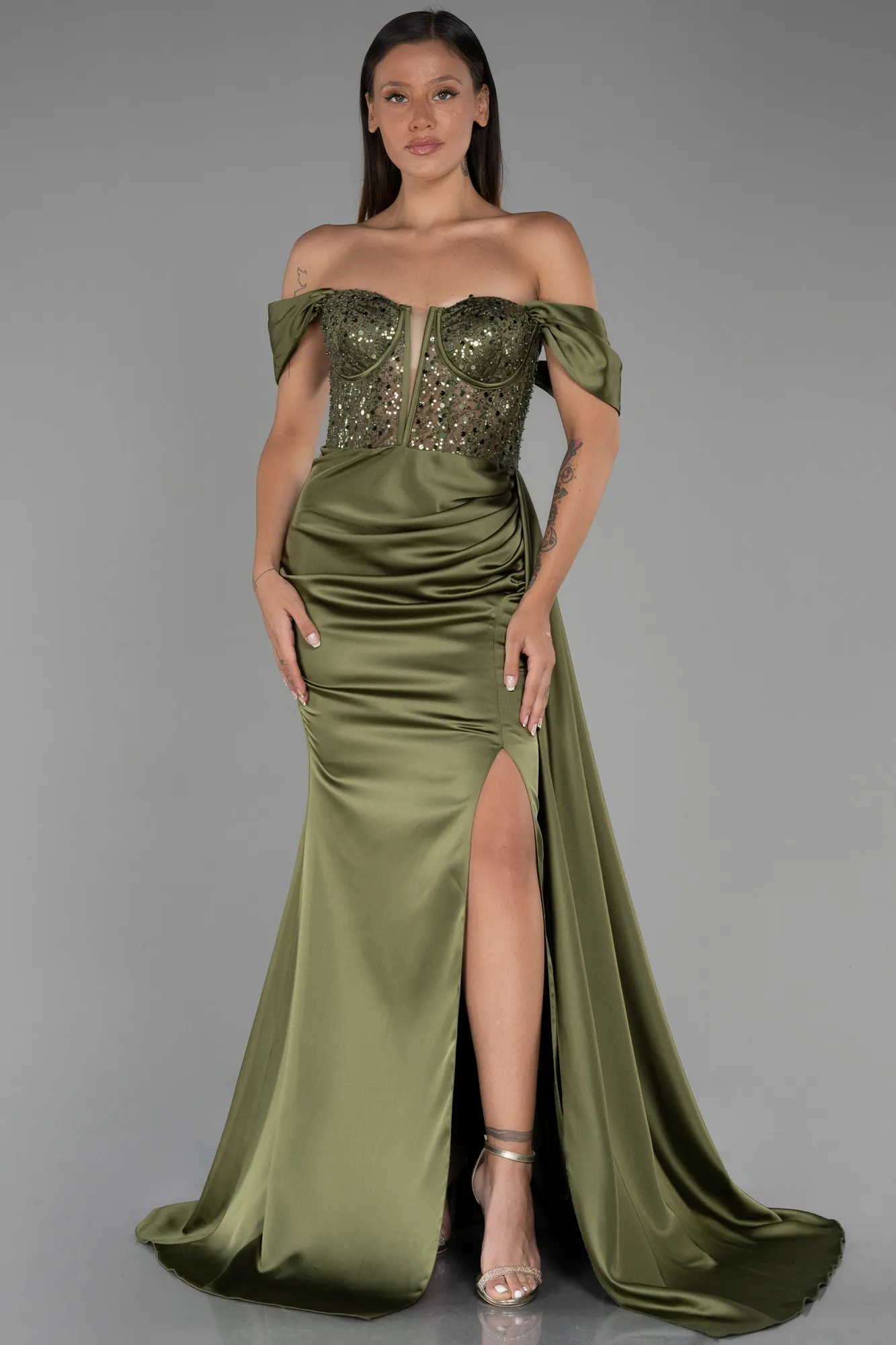 Olive Drab-Long Satin Evening Dress ABU3100