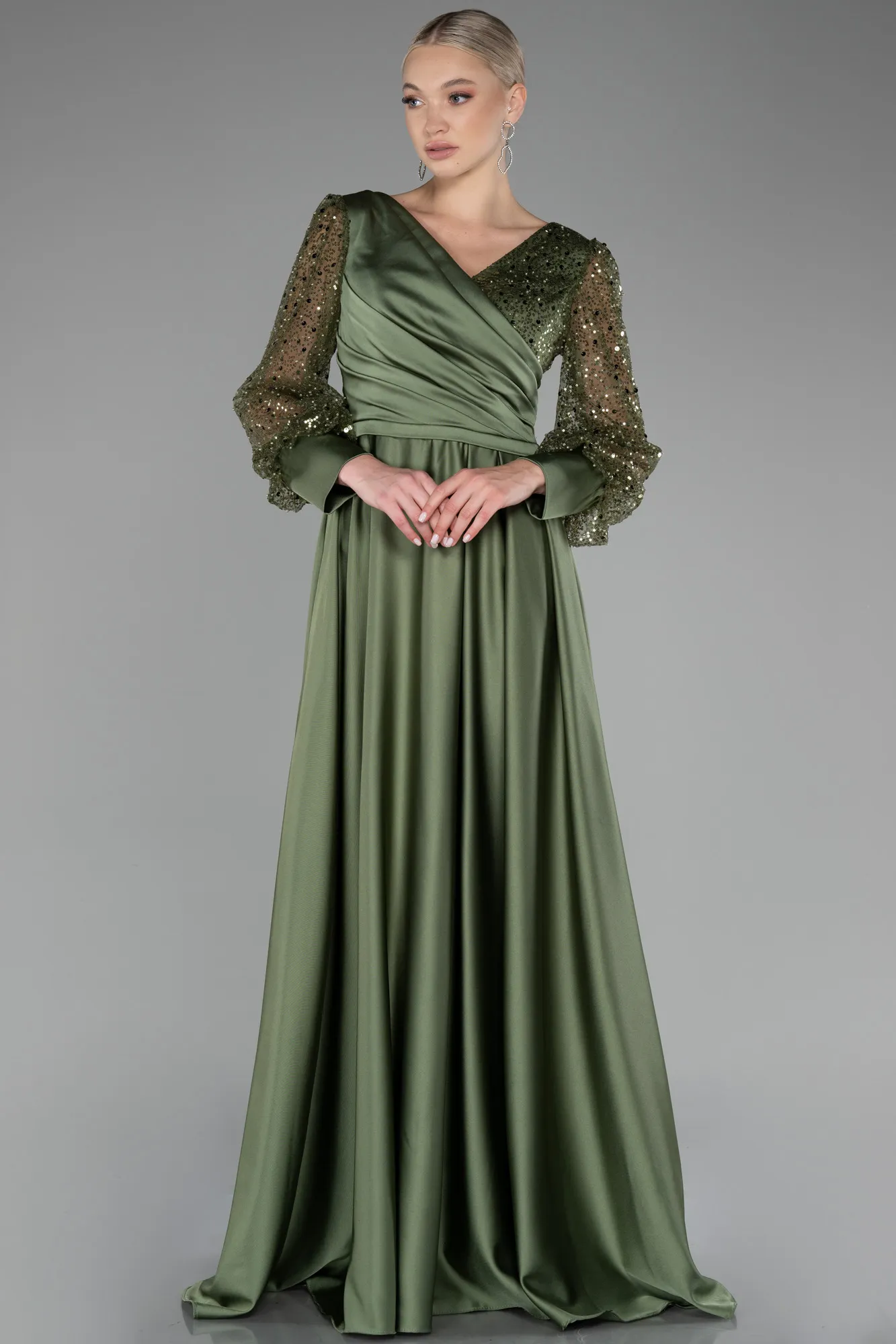 Olive Drab-Long Satin Evening Dress ABU3143