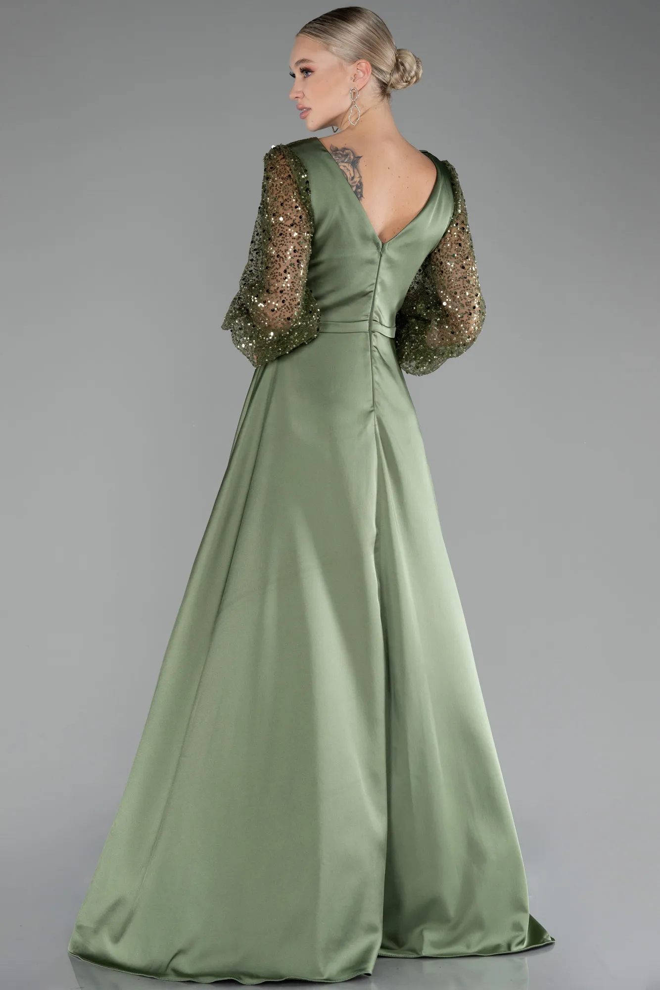 Olive Drab-Long Satin Evening Dress ABU3143