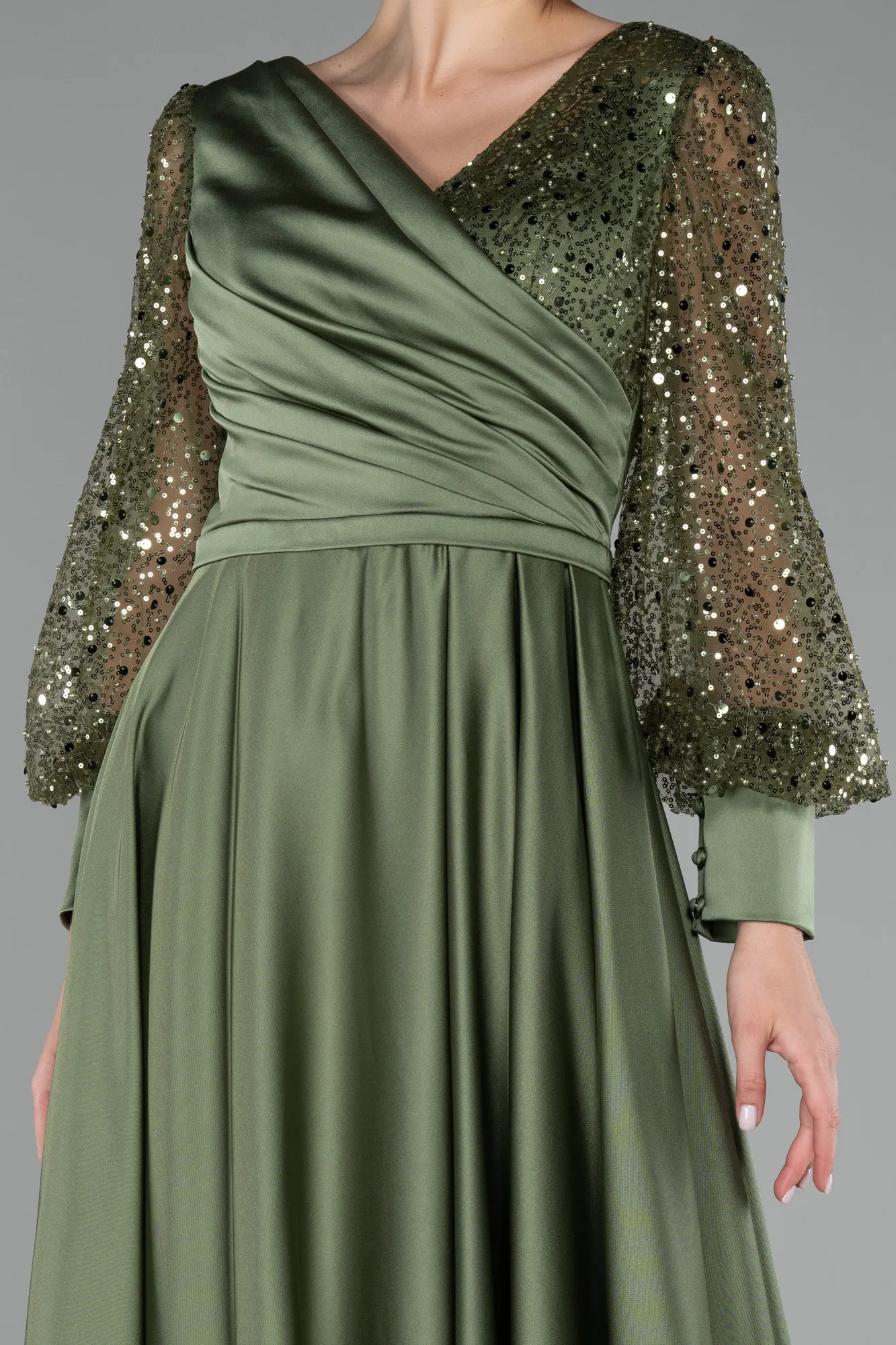 Olive Drab-Long Satin Evening Dress ABU3143