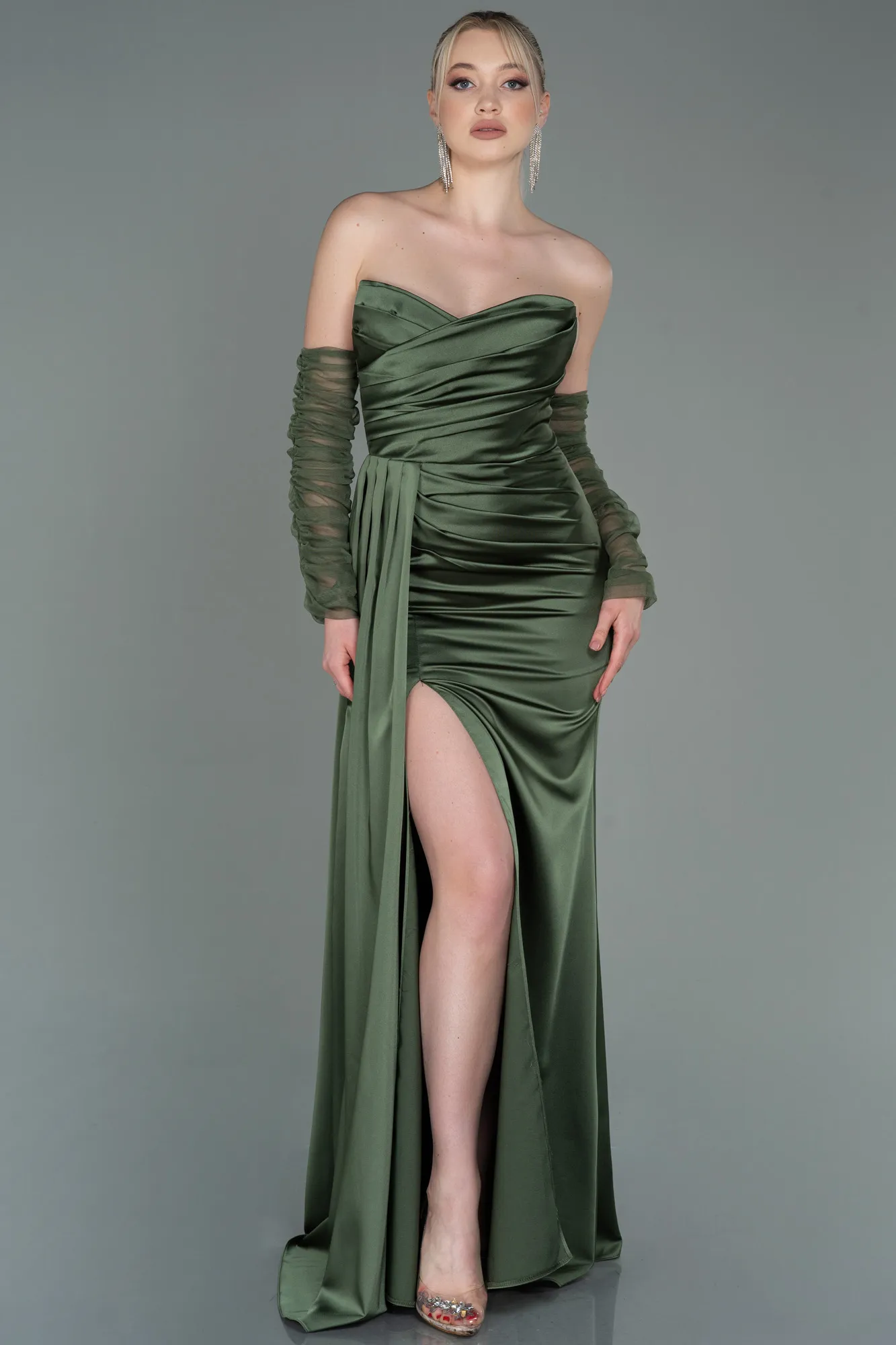 Olive Drab-Long Satin Evening Dress ABU3175