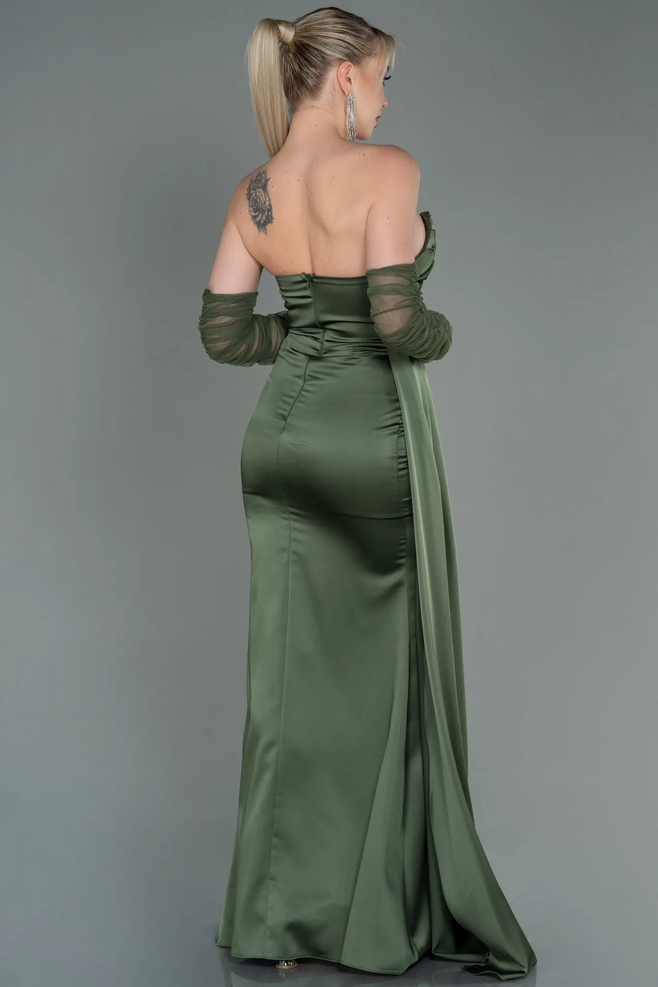 Olive Drab-Long Satin Evening Dress ABU3175