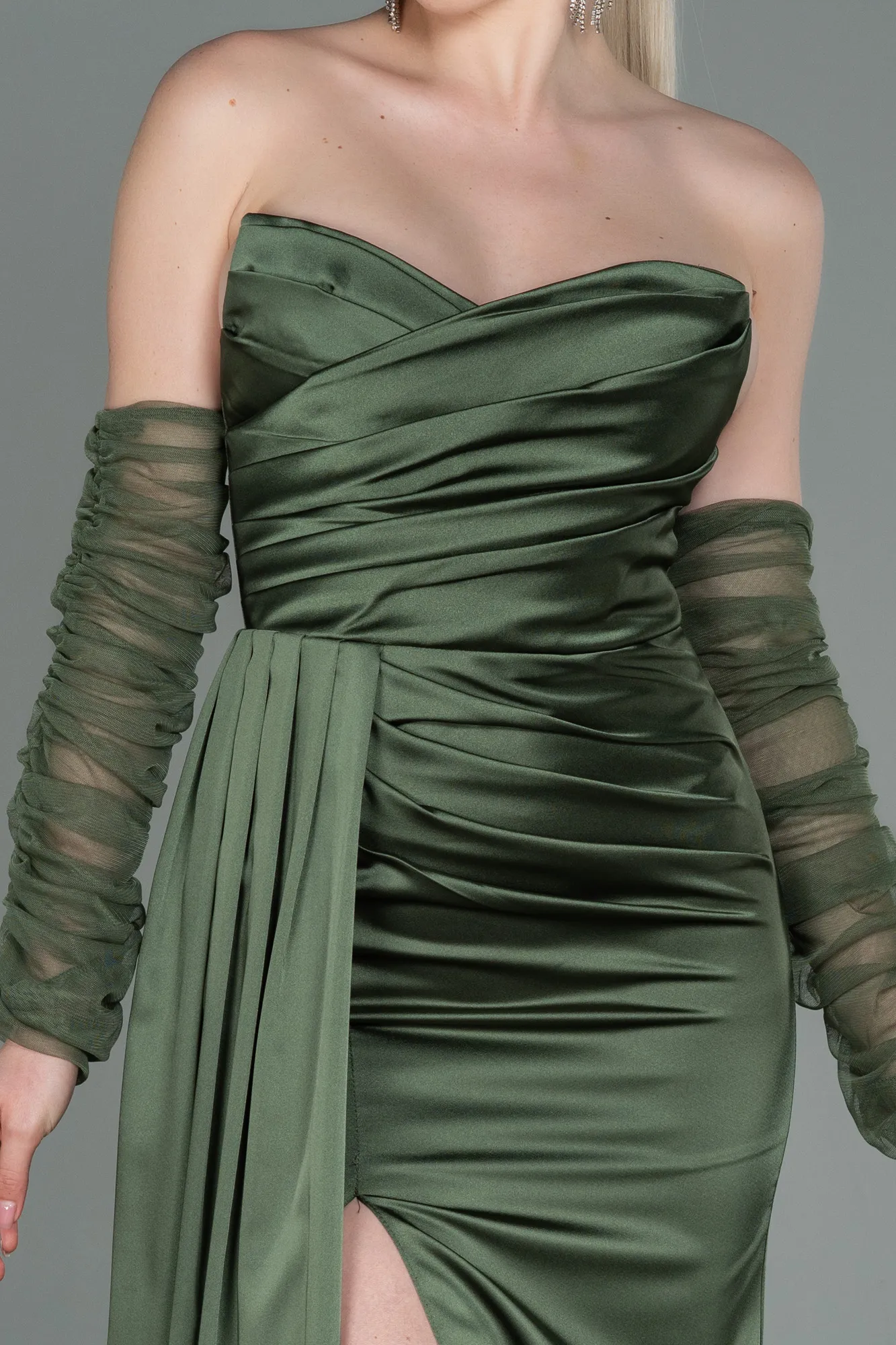 Olive Drab-Long Satin Evening Dress ABU3175