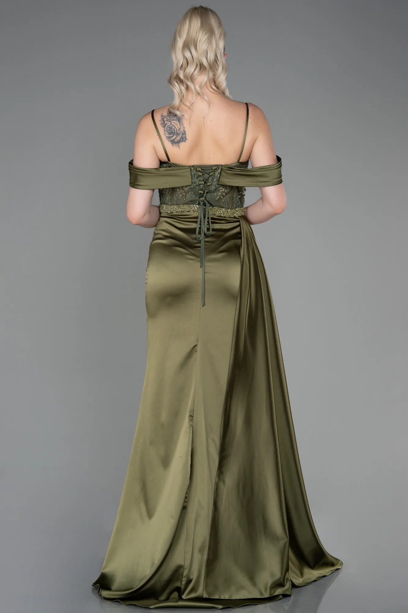 Olive Drab-Long Satin Evening Dress ABU3227