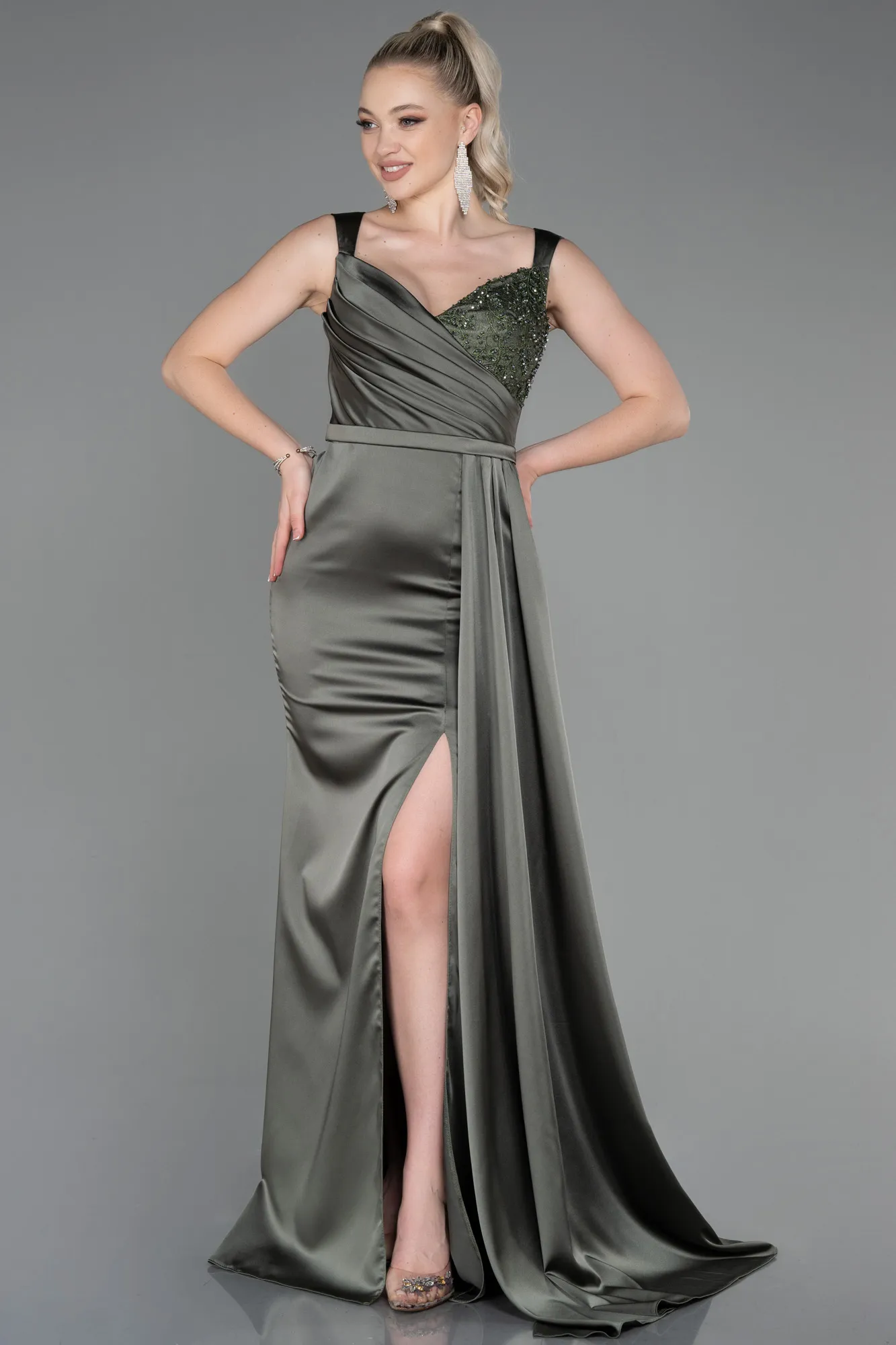Olive Drab-Long Satin Evening Dress ABU3235