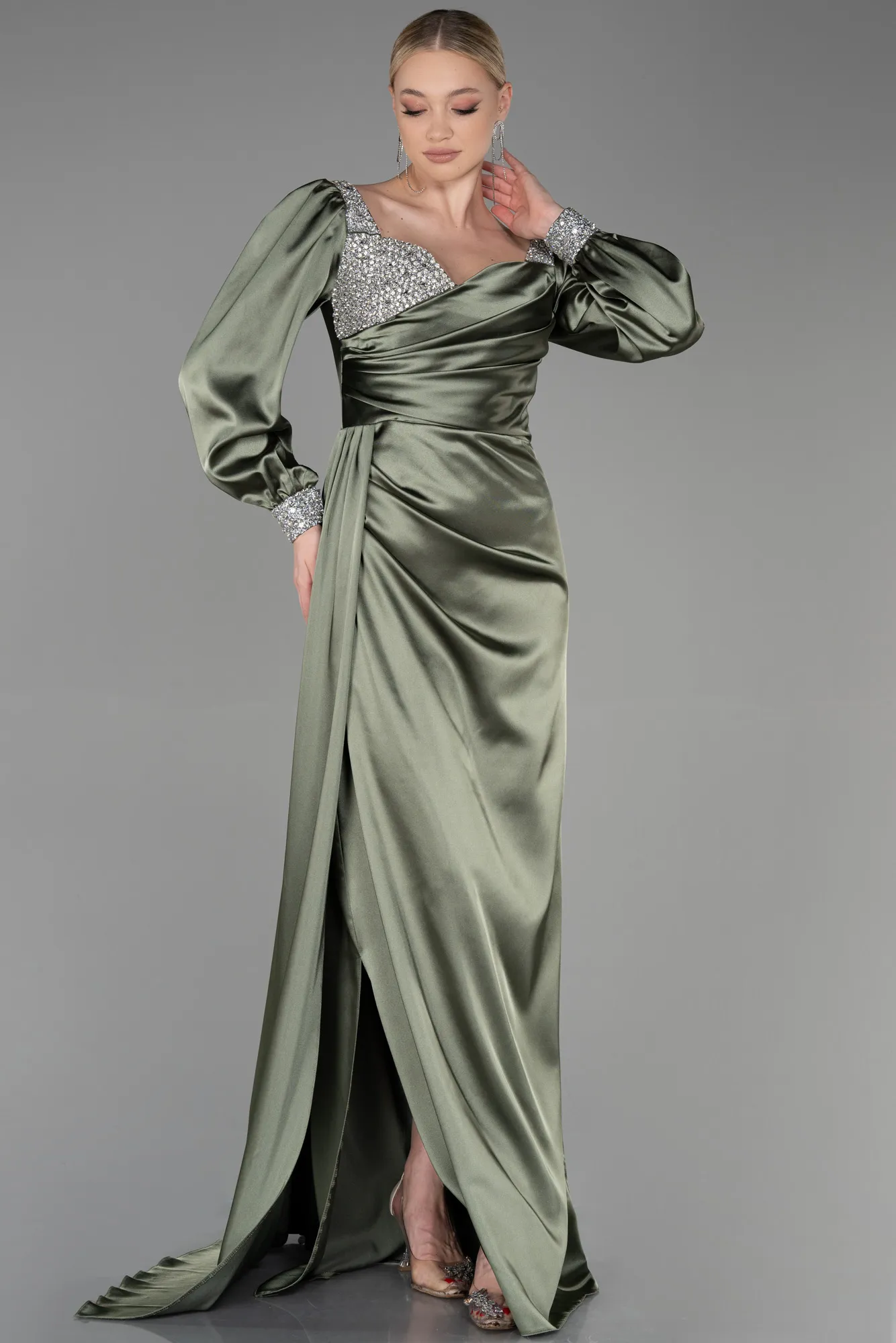 Olive Drab-Long Satin Evening Dress ABU3318