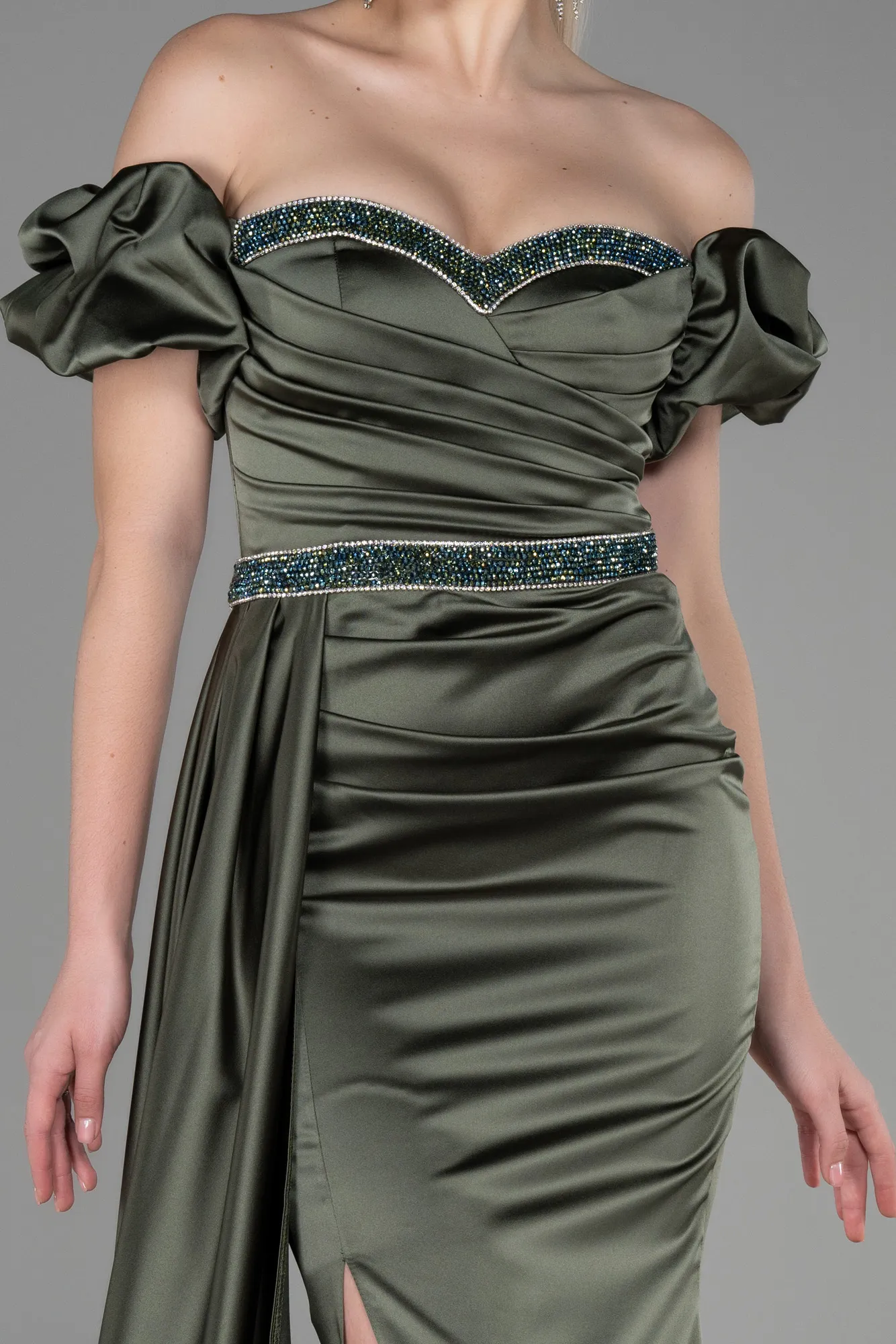 Olive Drab-Long Satin Evening Dress ABU3331