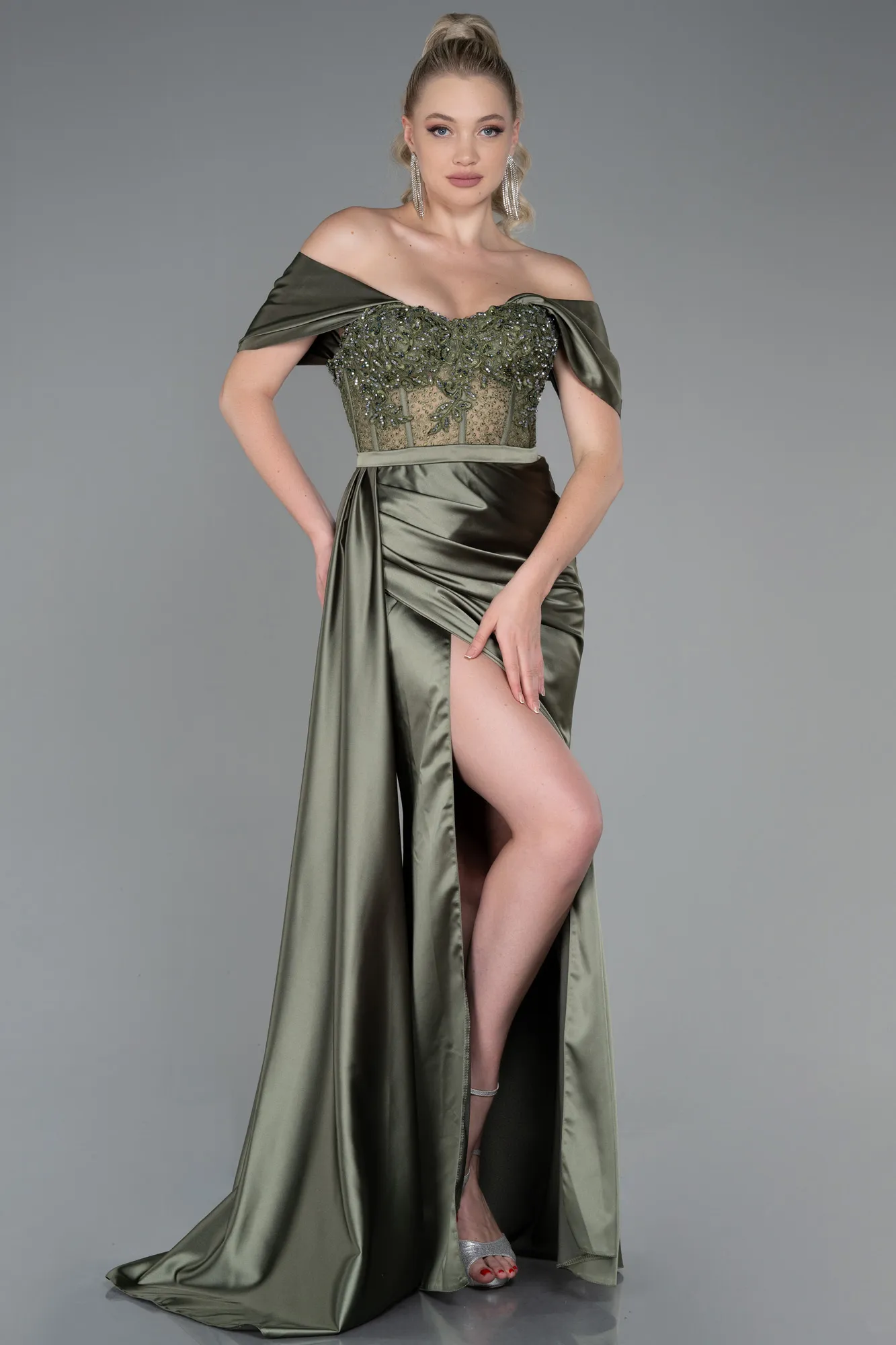 Olive Drab-Long Satin Evening Dress ABU3446