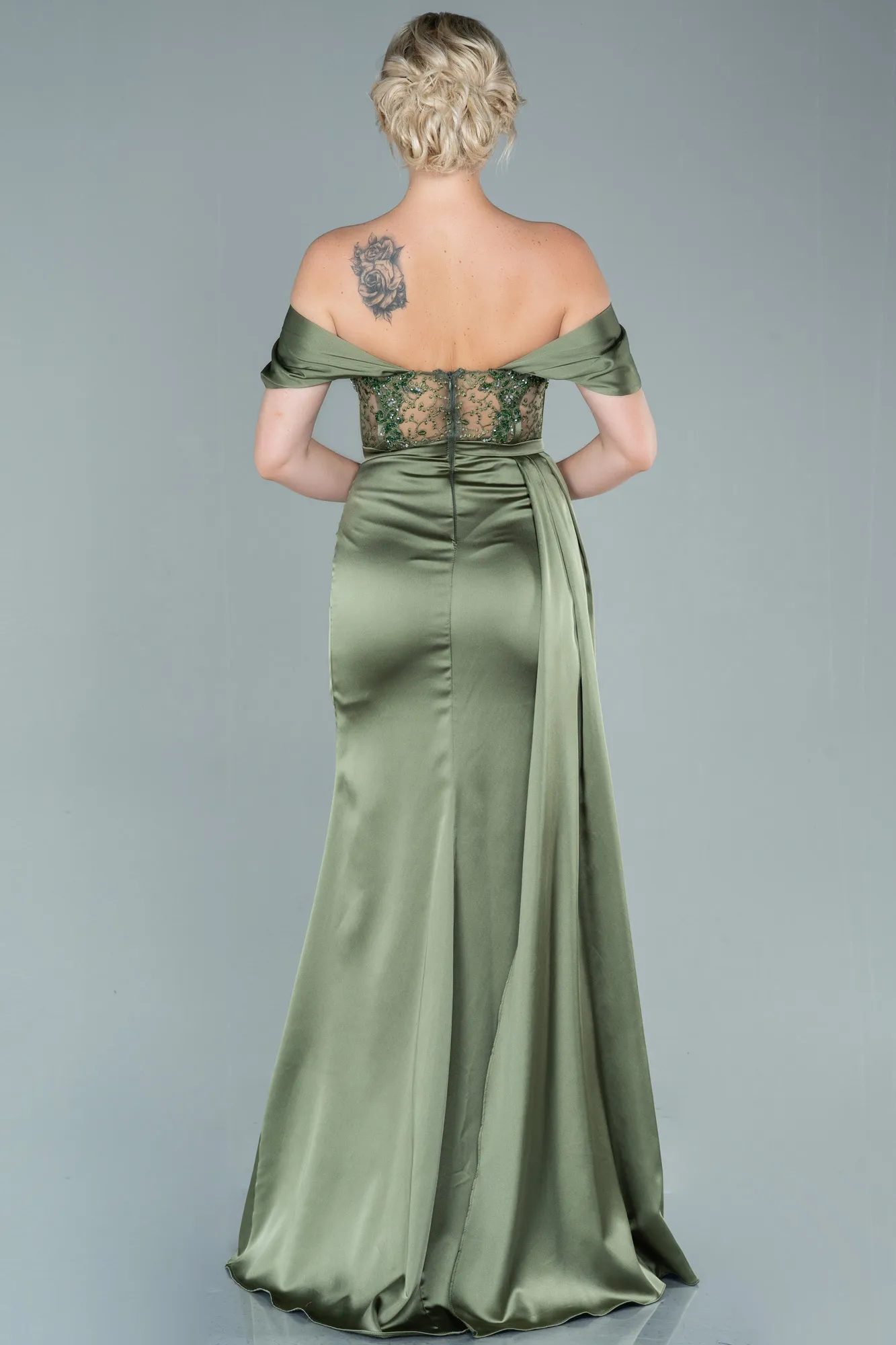 Olive Drab-Long Satin Evening Dress ABU3448