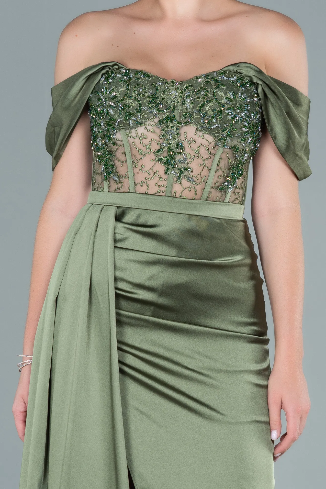 Olive Drab-Long Satin Evening Dress ABU3448