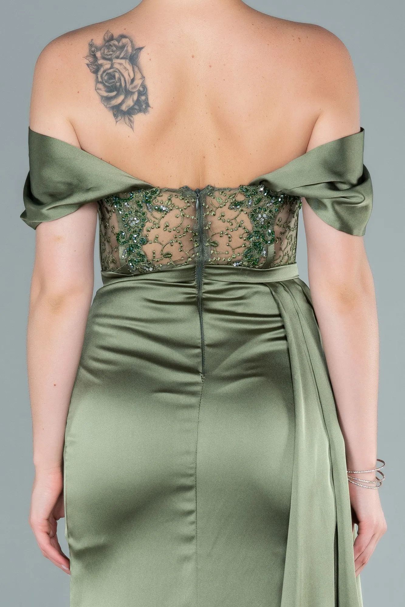 Olive Drab-Long Satin Evening Dress ABU3448