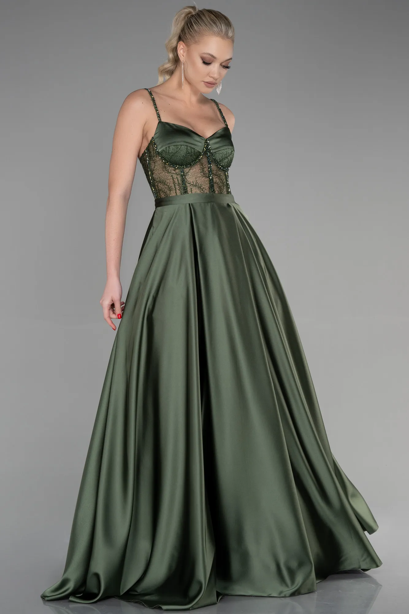 Olive Drab-Long Satin Evening Dress ABU3455